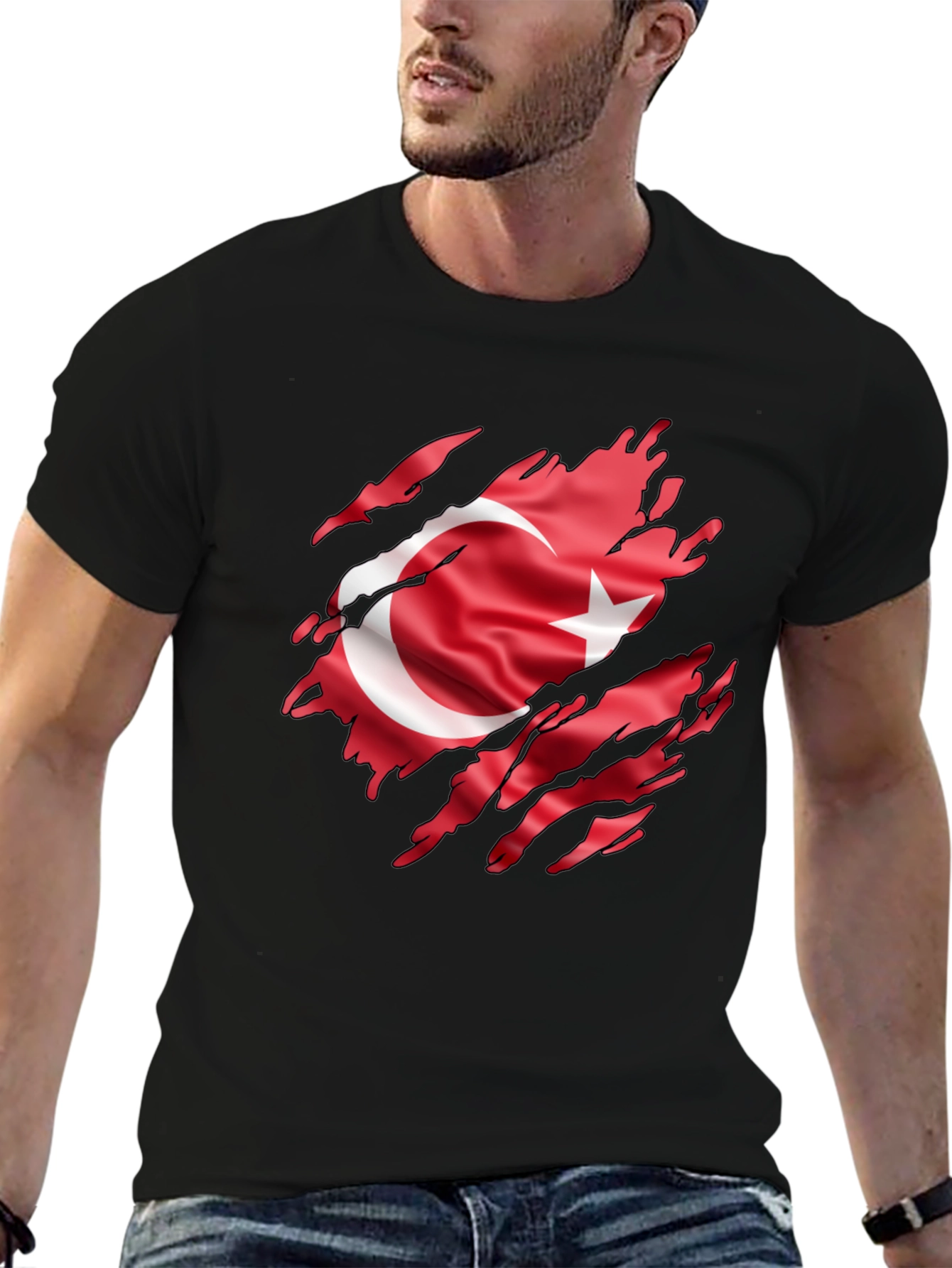 Black Men's Black T-Shirt with Turkey Flag Graphic view 6