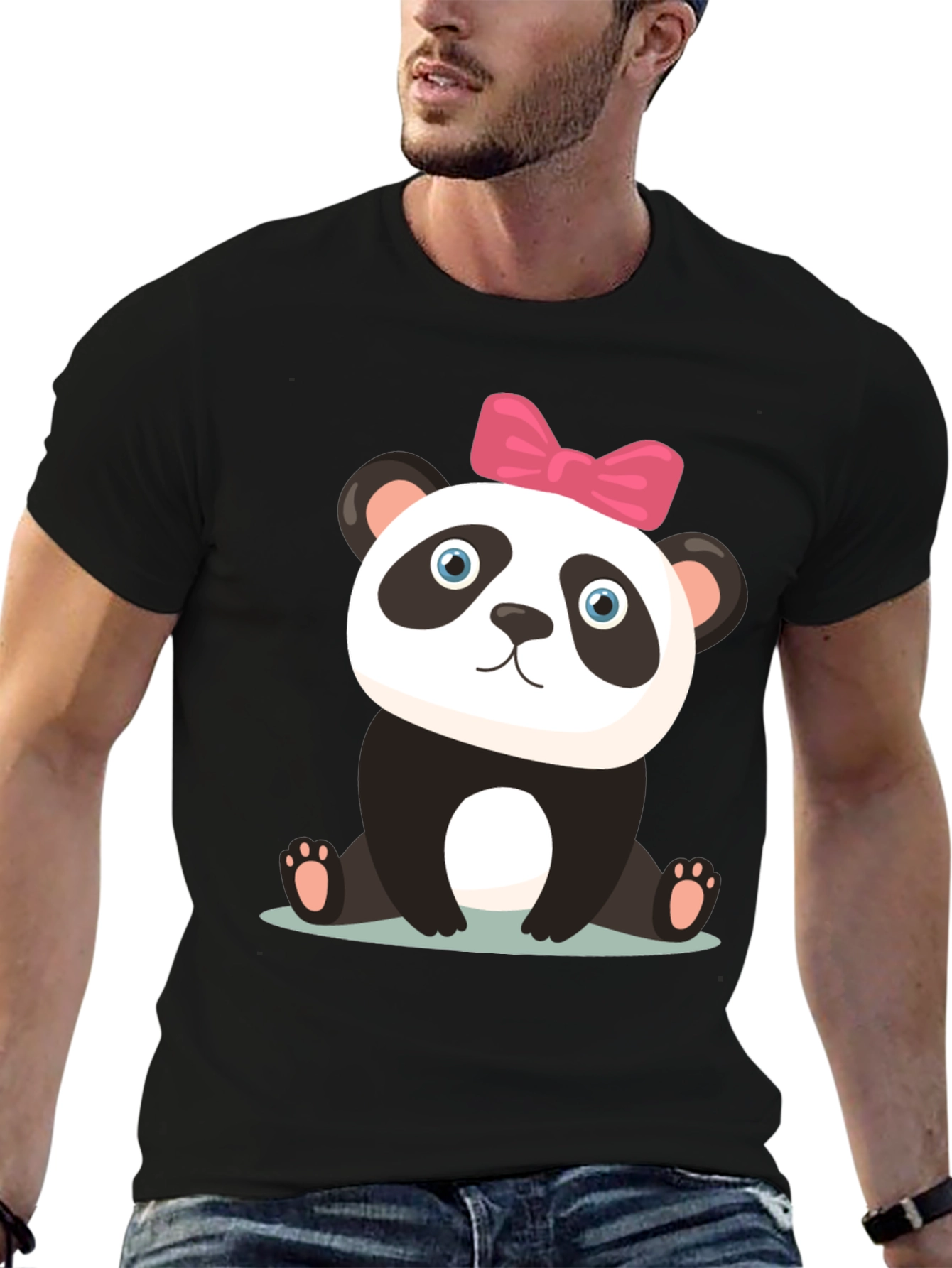 Black Cute Panda Bear Graphic Black T-Shirt view 6