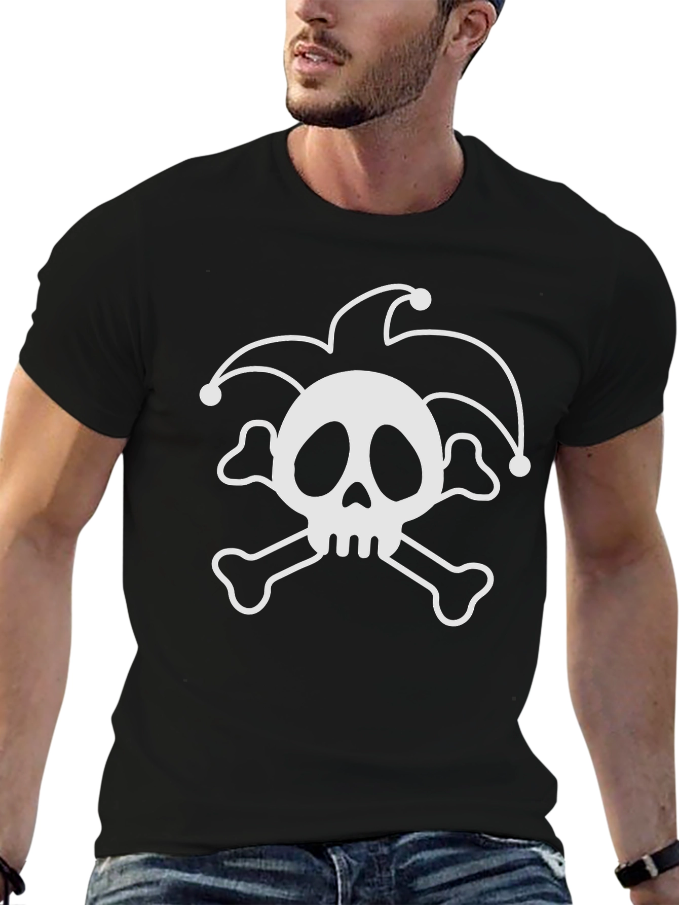 Black Jester Skull T-Shirt - Black Cotton Crew Neck view 6