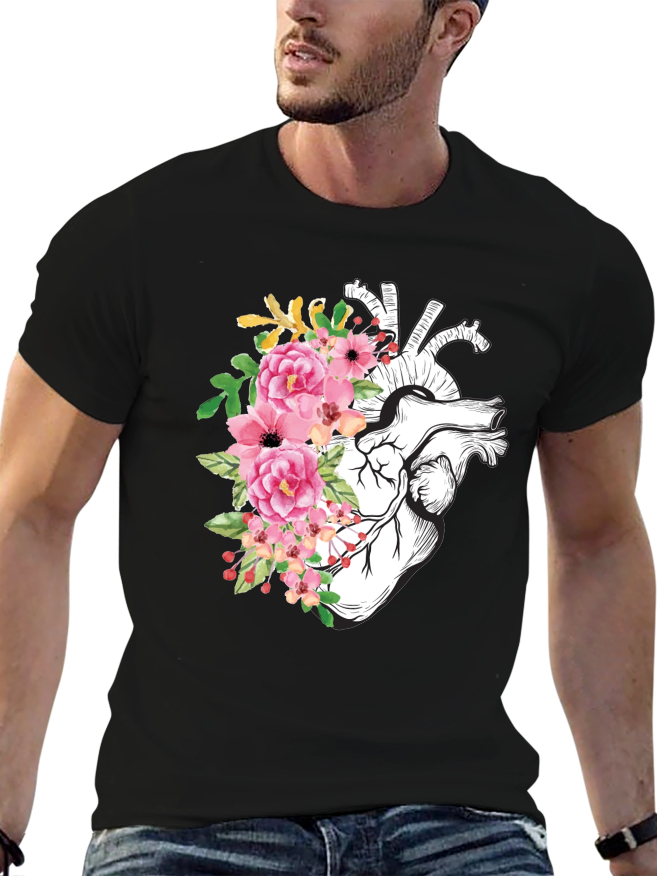 Black Floral Heart Graphic Tee - Anatomical Style view 6