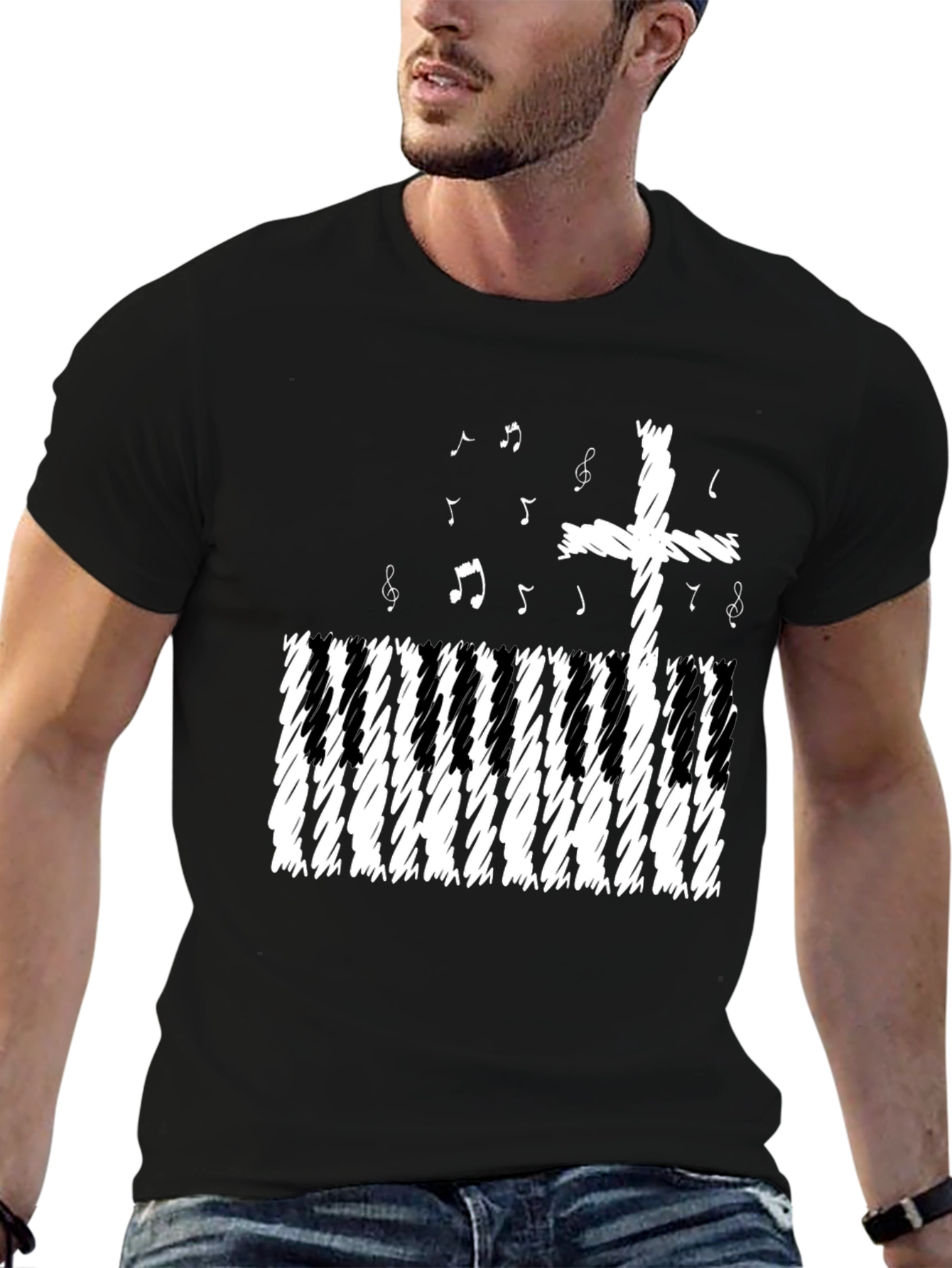 Black Musical Cross T-Shirt - Christian Piano Music Tee view 6