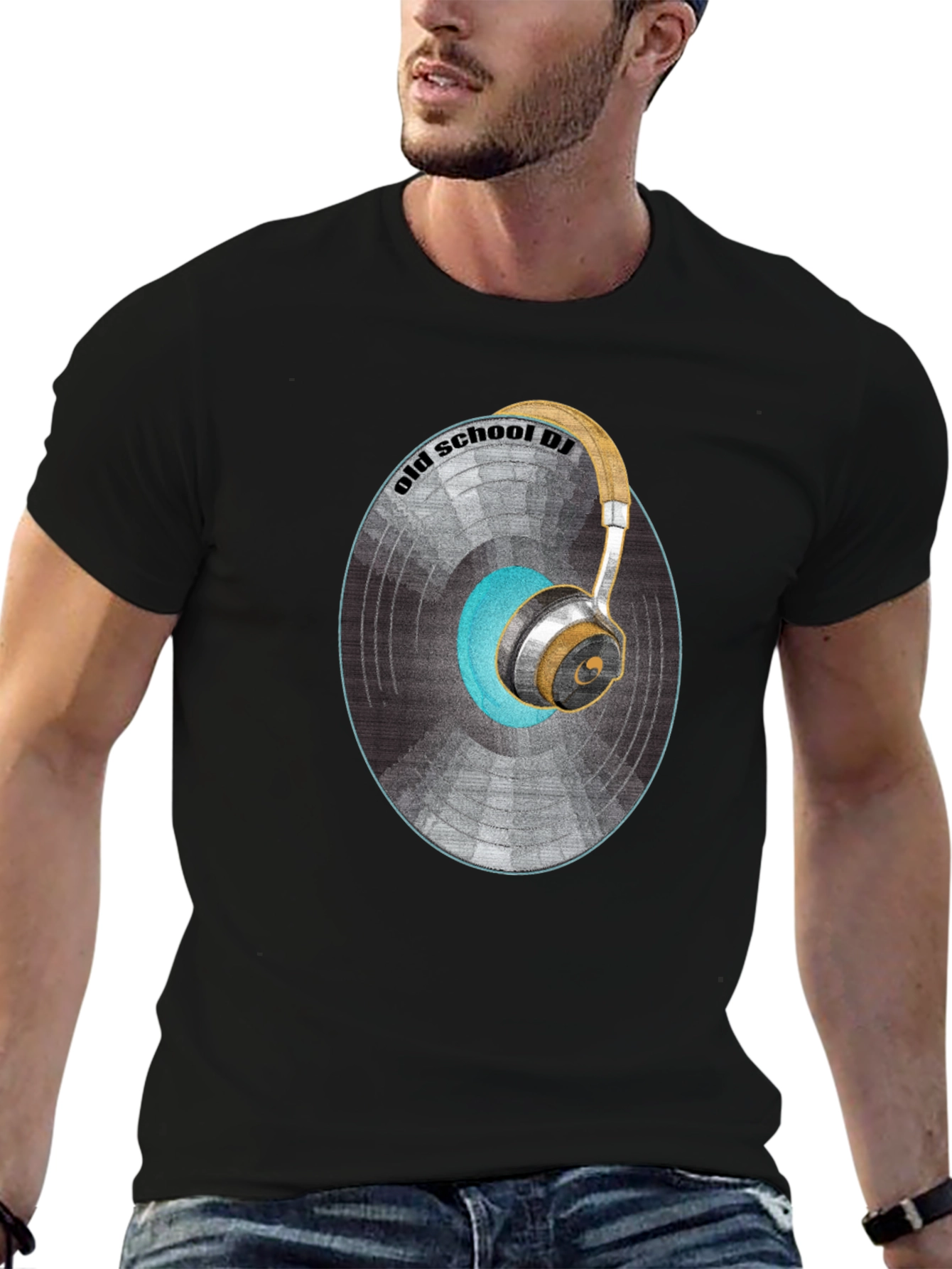 Black Old School DJ Graphic T-Shirt - Vintage Vinyl & Headphones Design view 6