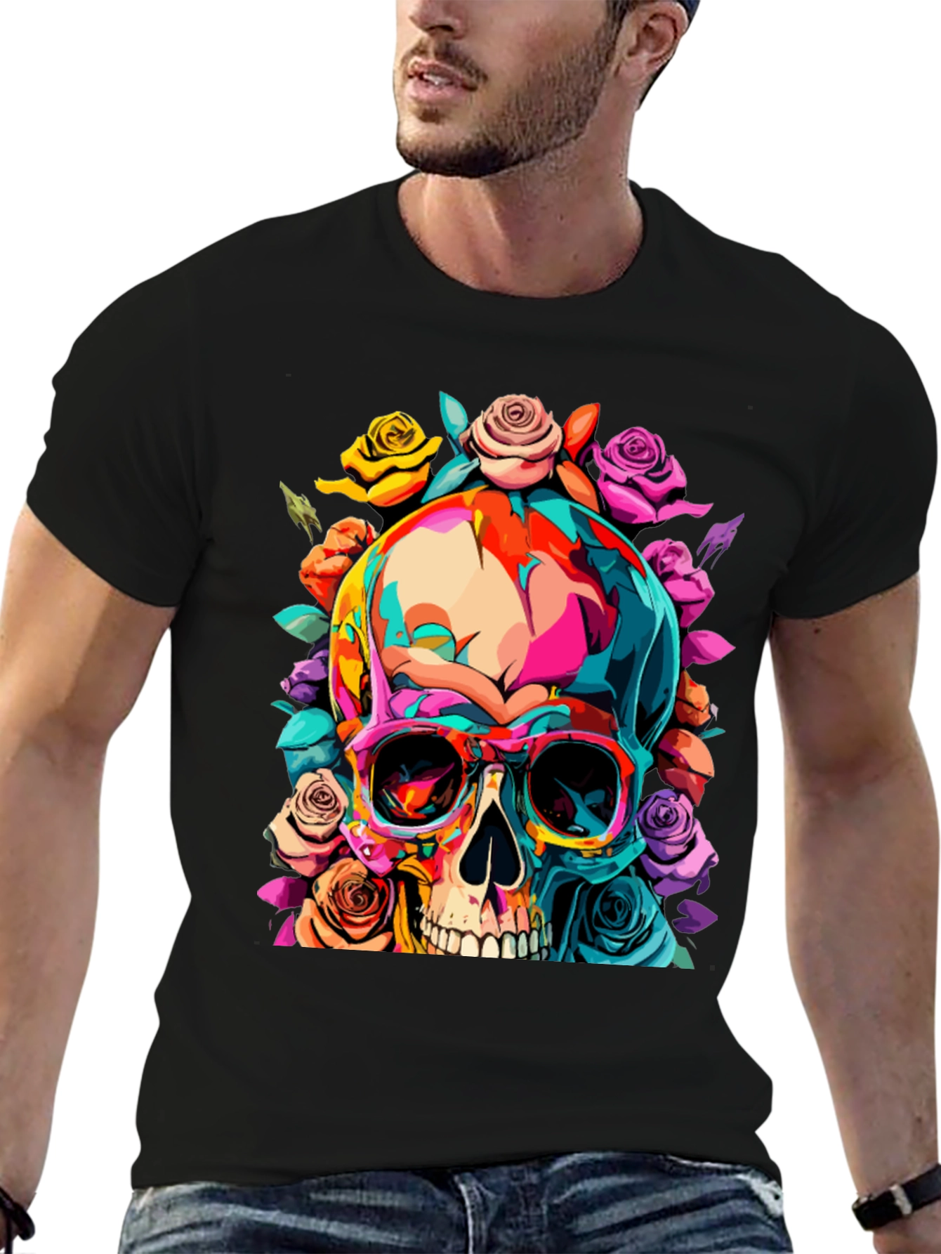 Black Skull & Roses Graphic Tee view 6
