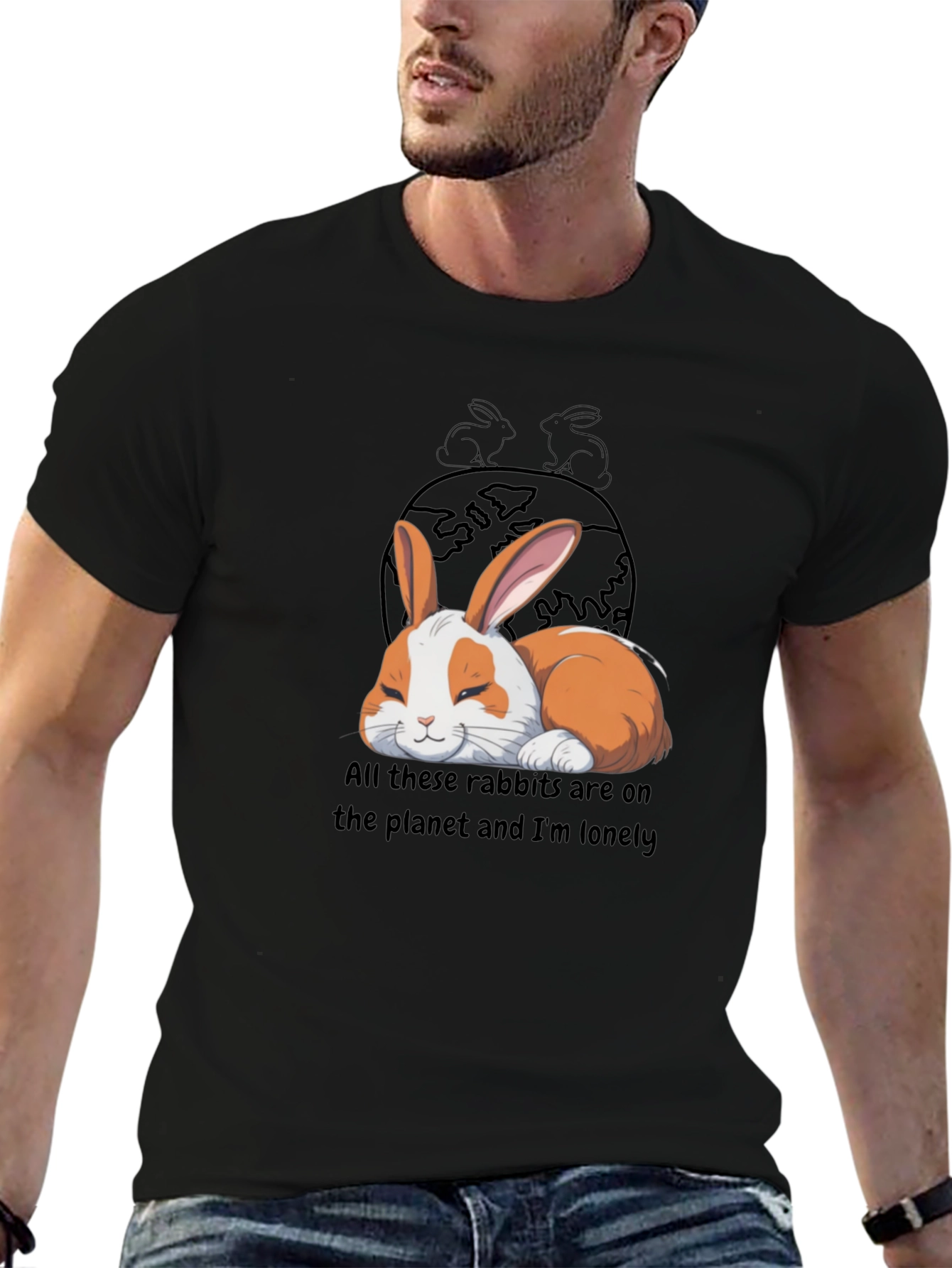 Black Lonely Rabbit Graphic T-Shirt view 6
