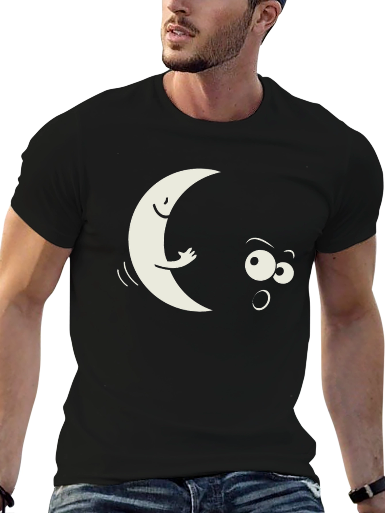 Black Funny Moon Peeking T-Shirt - Black view 6