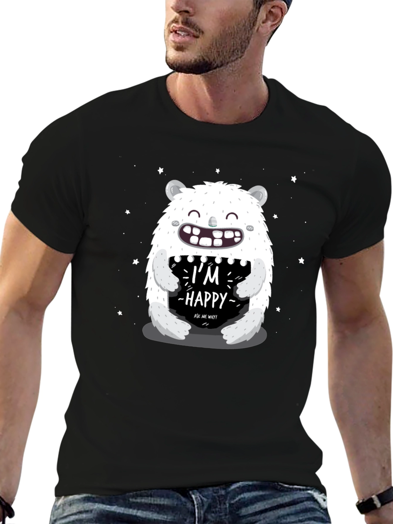 Black I'm Happy Monster Graphic Tee - Black Cotton Blend view 6