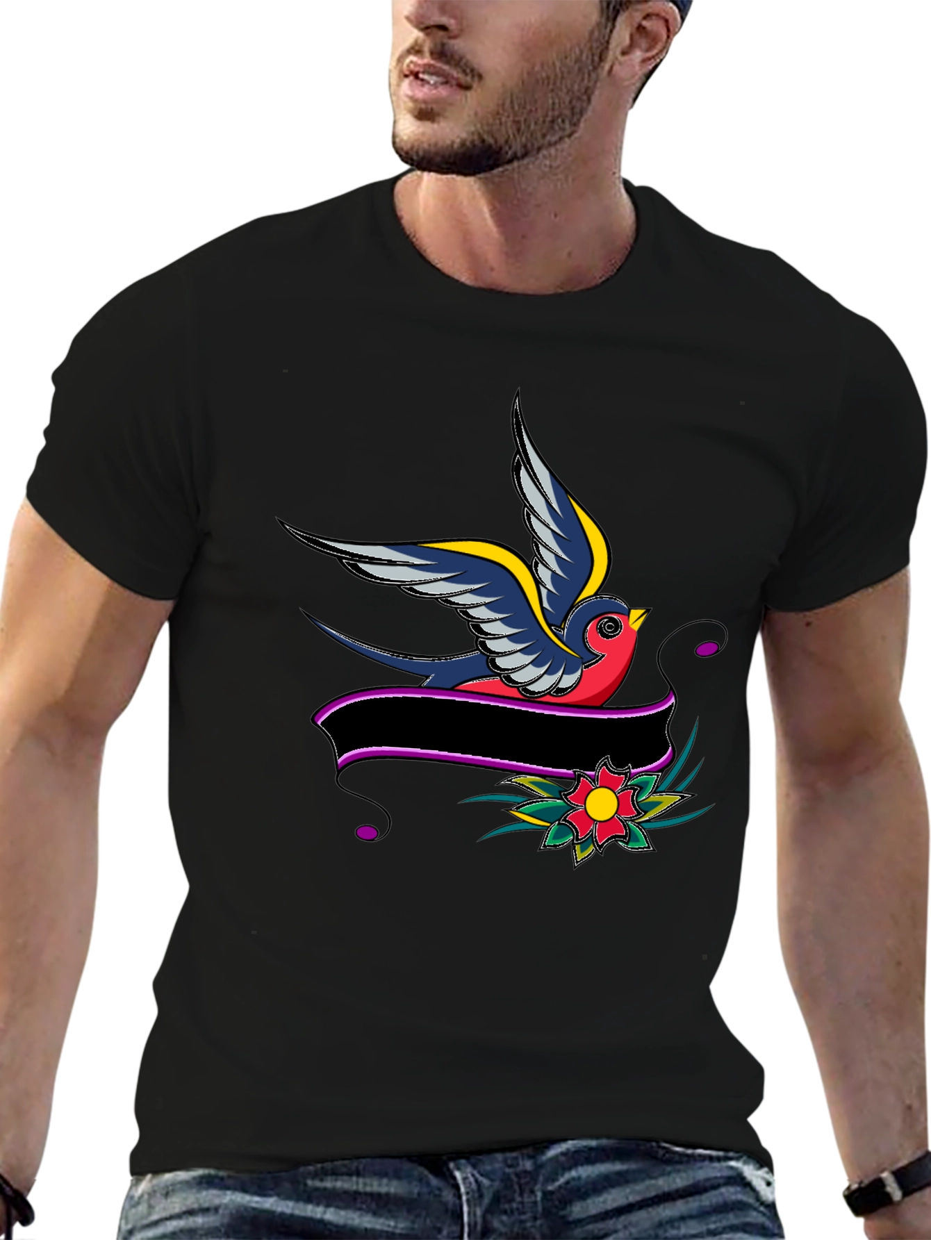 Black Swallow & Banner Graphic Black T-Shirt view 6