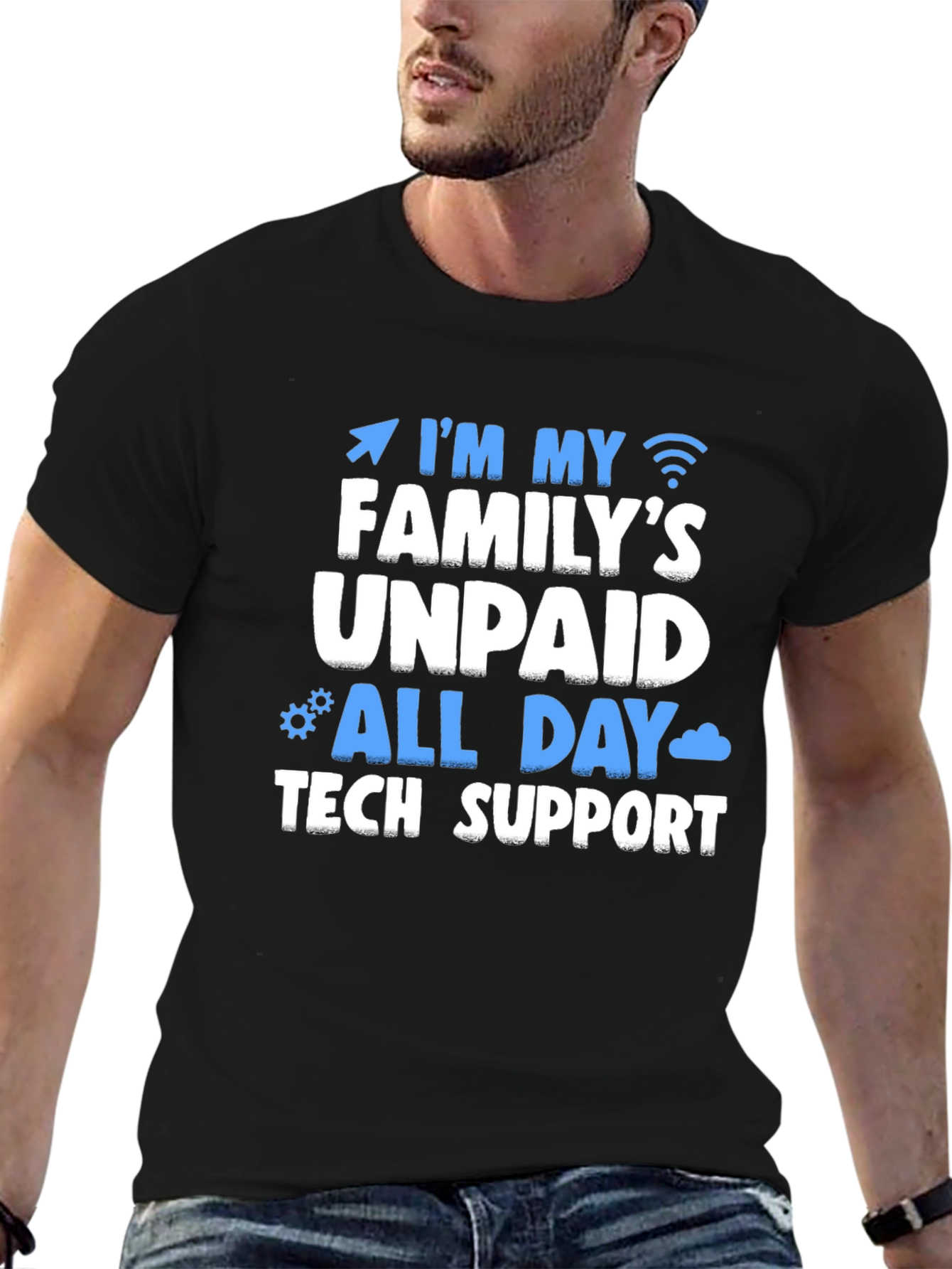 Black Unpaid Family Tech Support T-Shirt - Funny Geek Tee view 6
