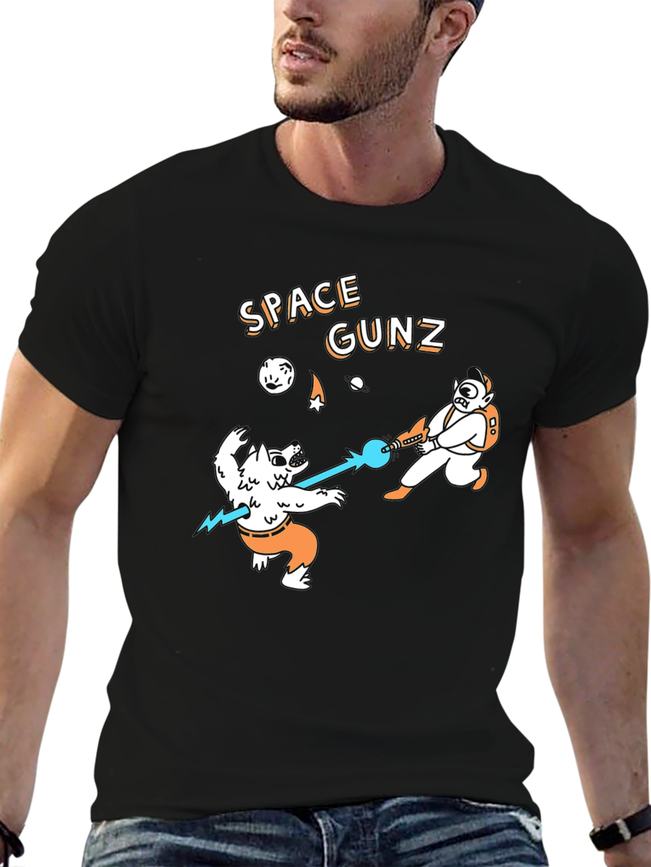 Black Space Gunz Black T-Shirt Sci-Fi Funny Tee view 6