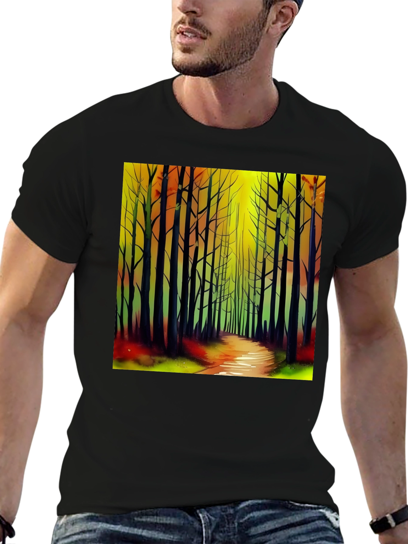 Black Abstract Forest Print Black T-Shirt view 6