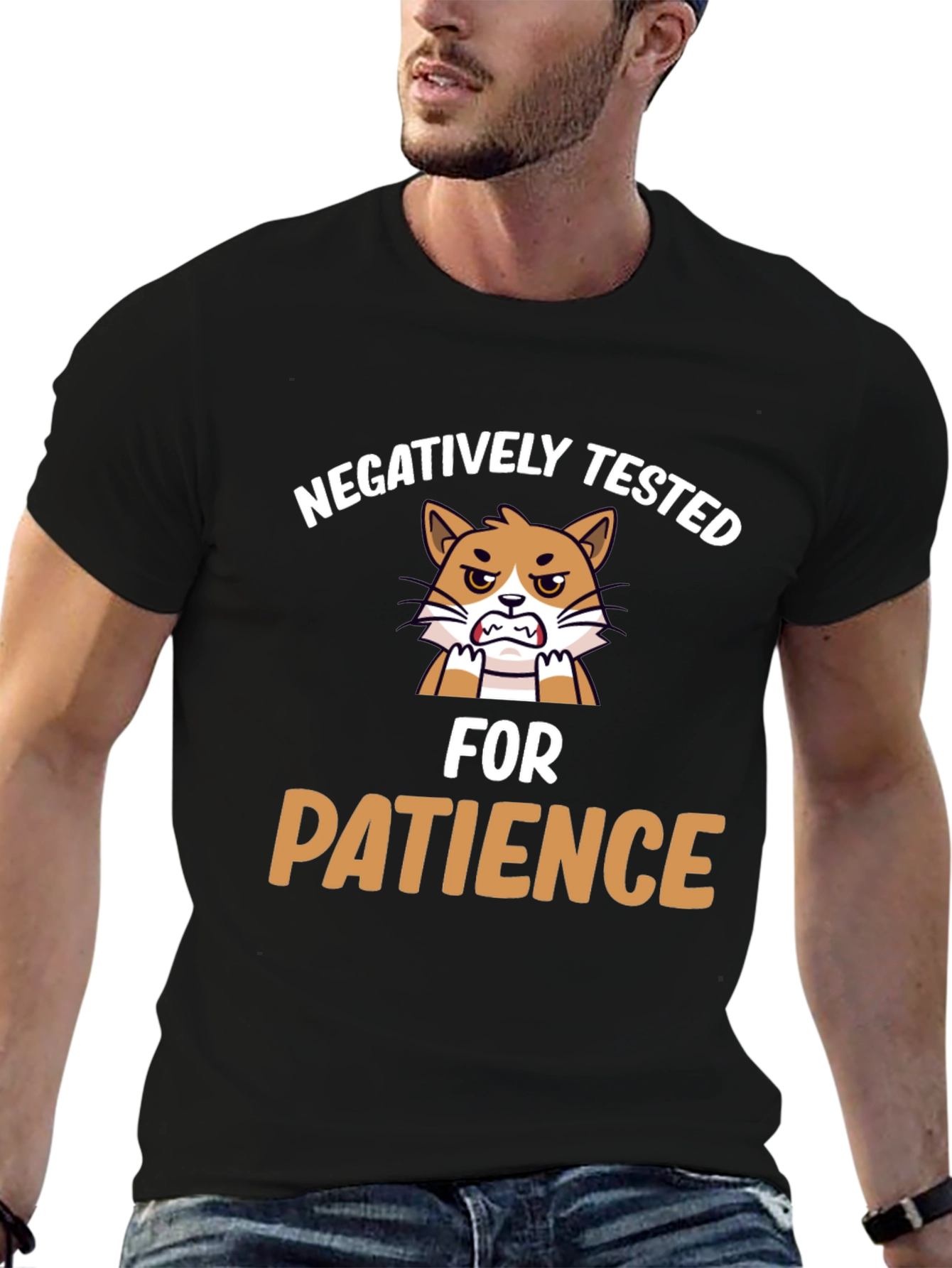 Black Funny "Negatively Tested for Patience" Cat Graphic T-Shirt view 6
