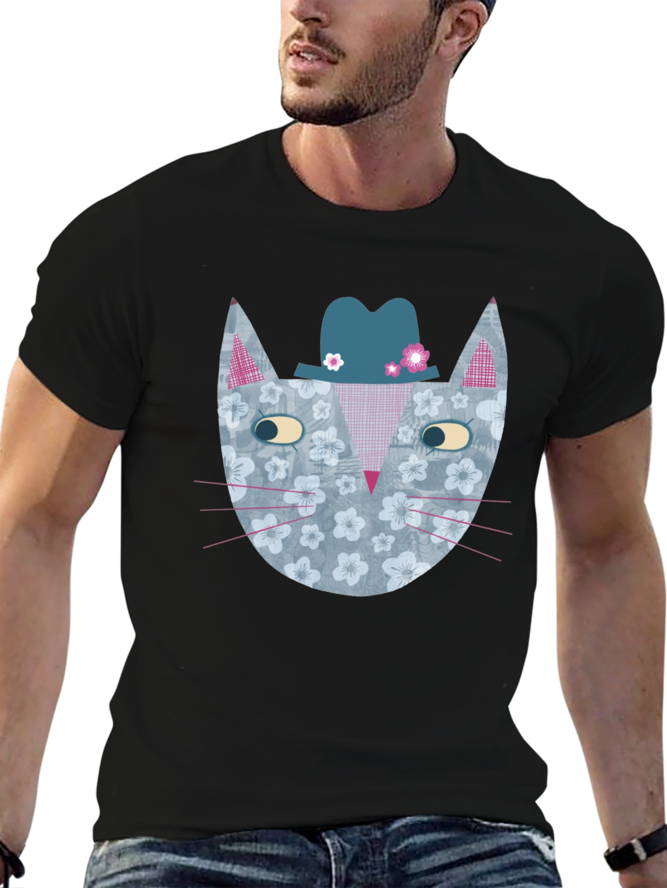 Black Floral Cat with Hat Men's Graphic Tee view 6