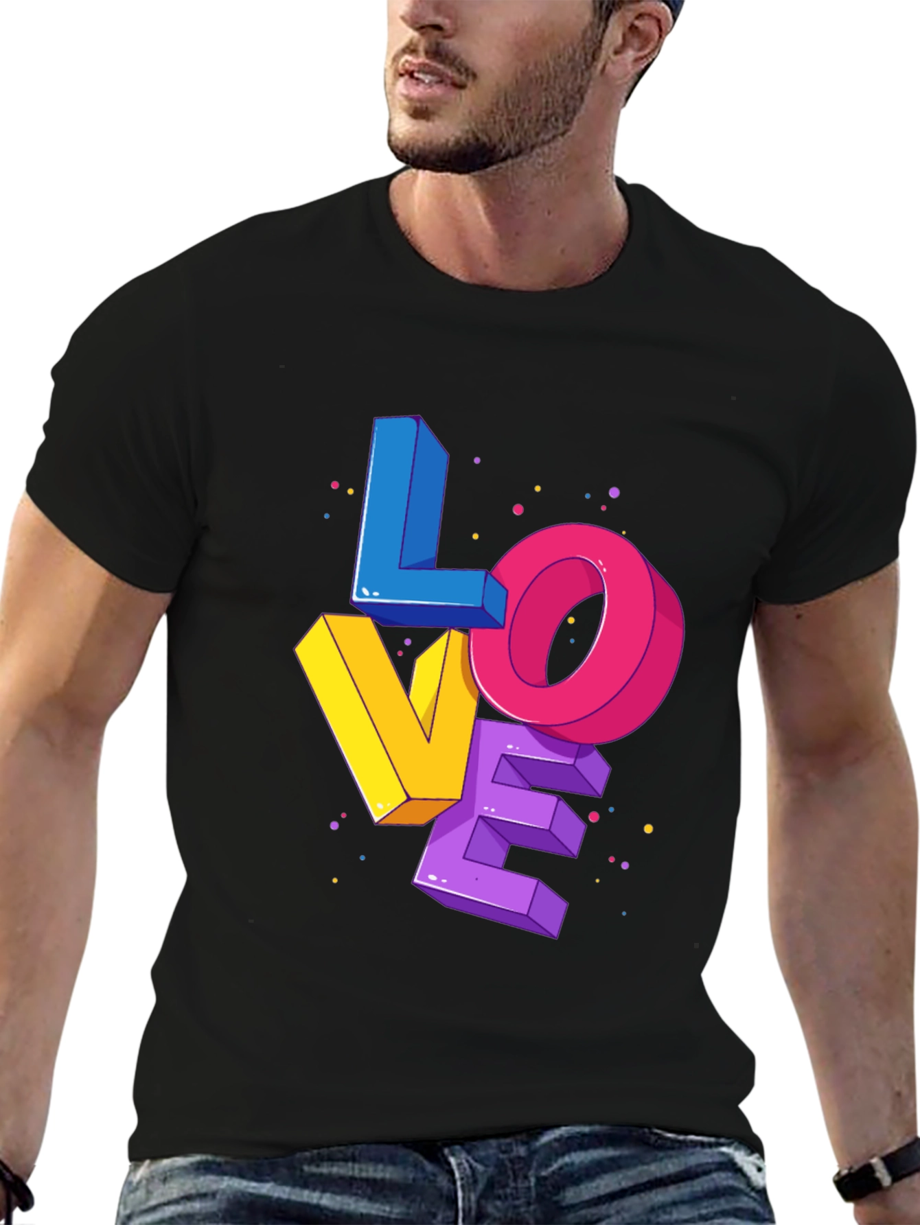 Black Colorful 3D Love Graphic Print Black T-Shirt view 6