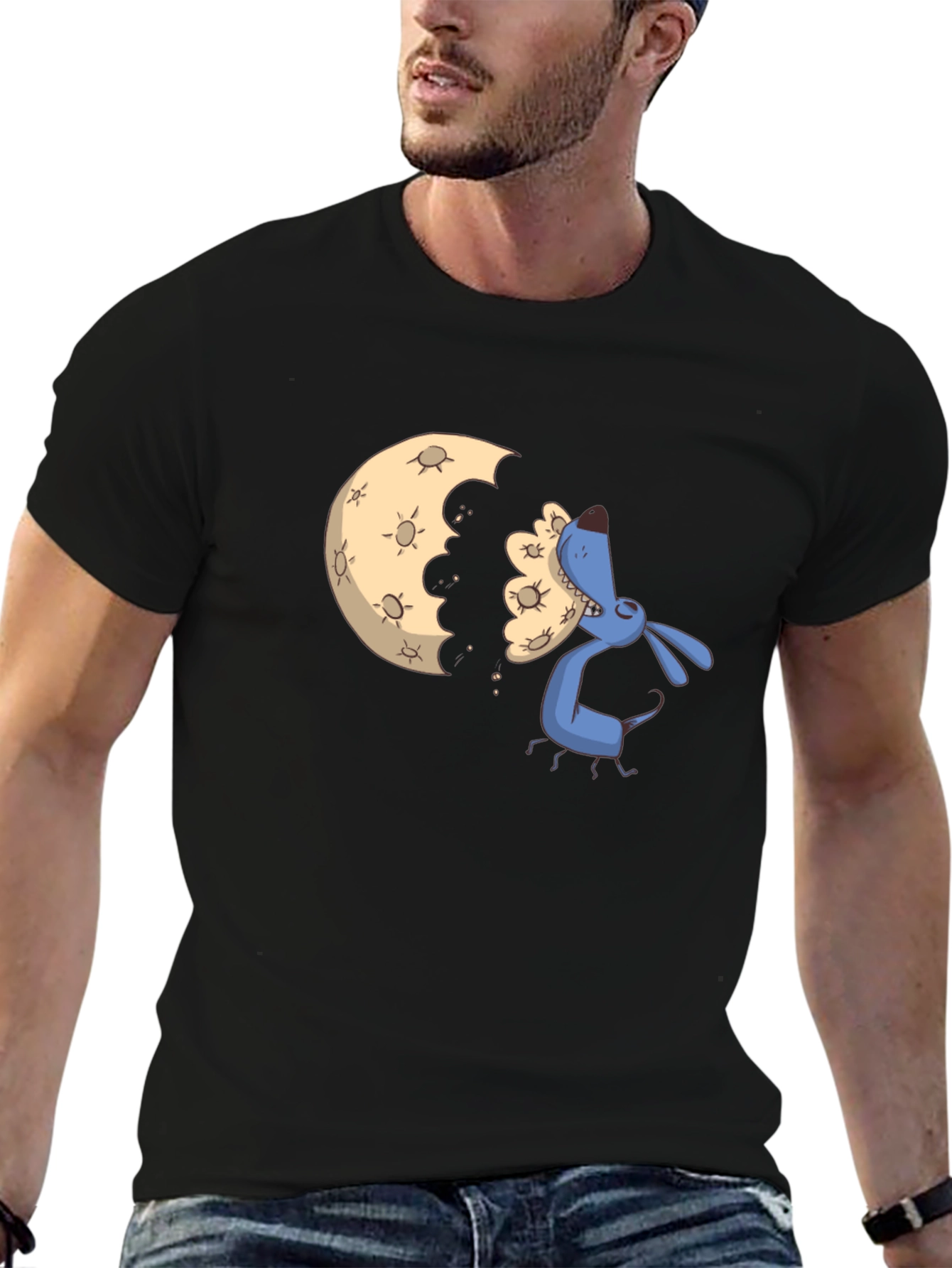 Black Cartoon Moon Eating Dog Black T-Shirt view 6
