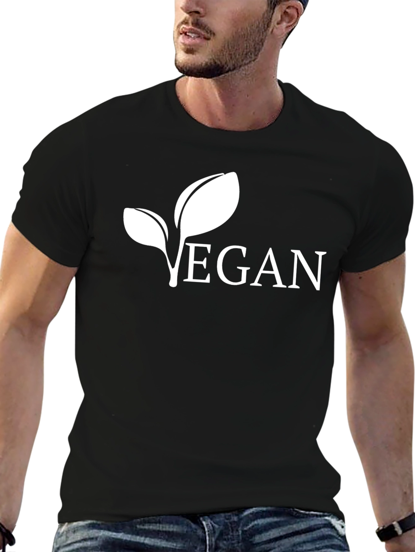 Black Vegan Leaf Graphic Tee - Black Cotton view 6