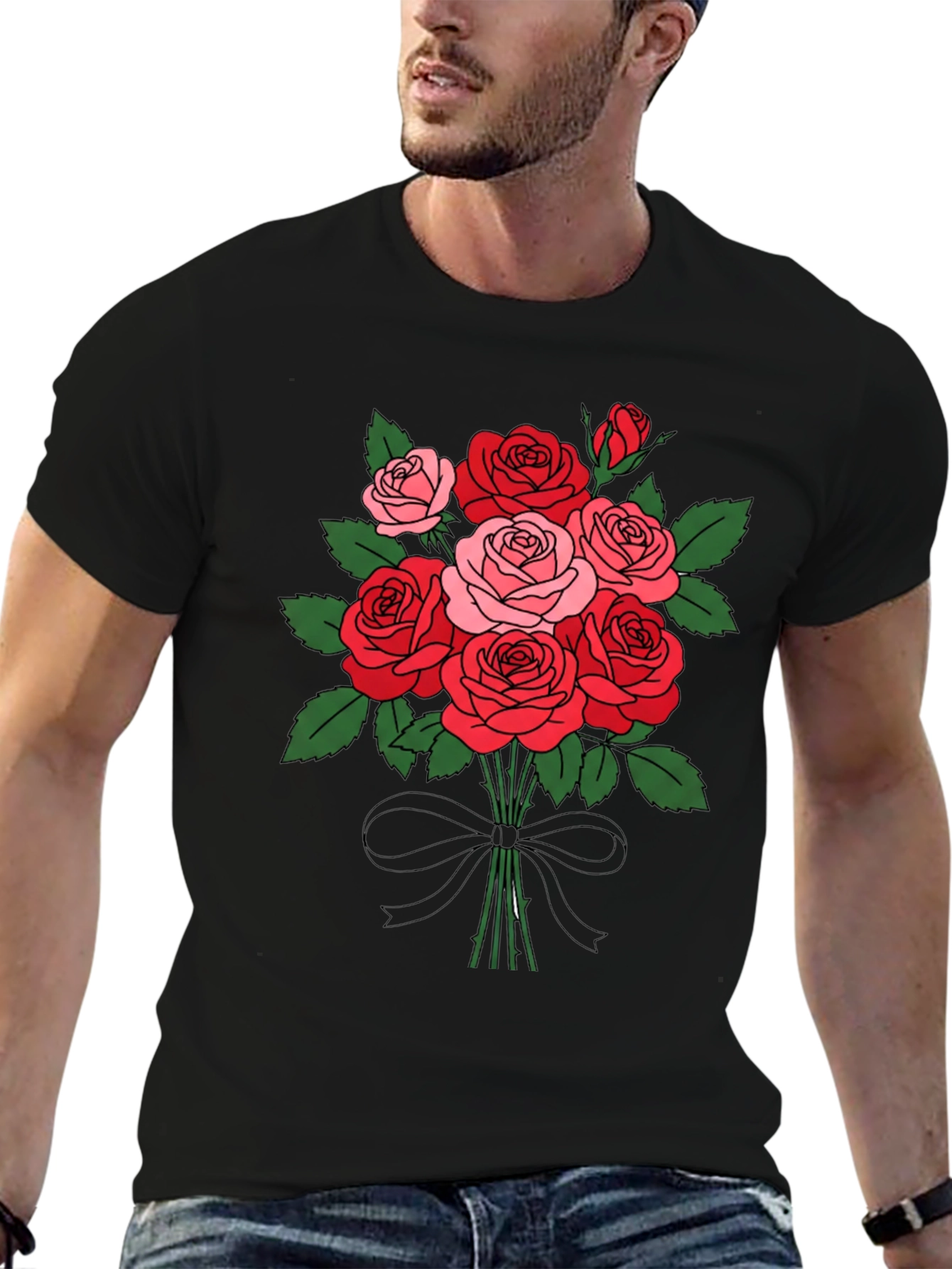 Black Floral Bouquet T-Shirt: Roses and Bow view 6