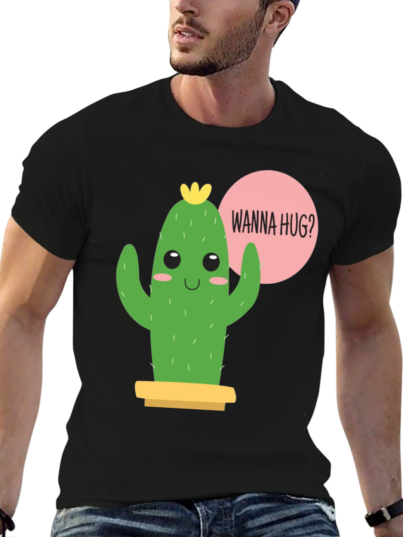 Black Cute Cactus Graphic Tee - Wanna Hug? view 6