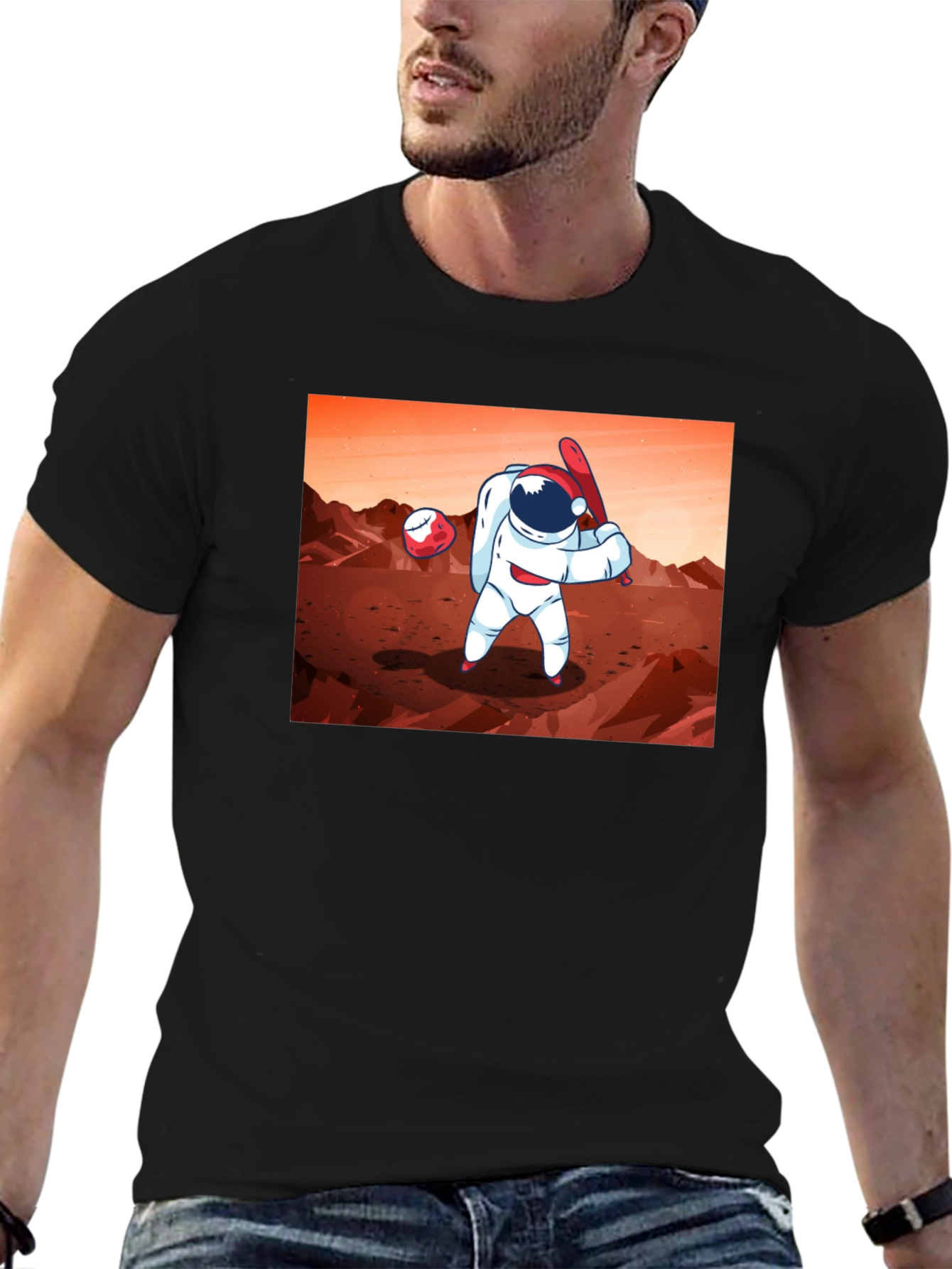 Black Astronaut Baseball on Mars Graphic T-Shirt view 6