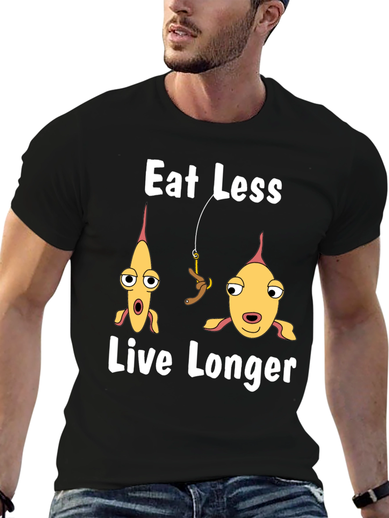 Black Eat Less Live Longer Funny Fish Graphic T-Shirt view 6
