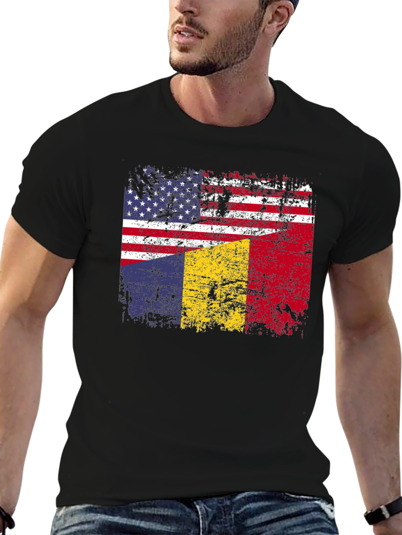 Black USA & Romania Flag T-Shirt view 6