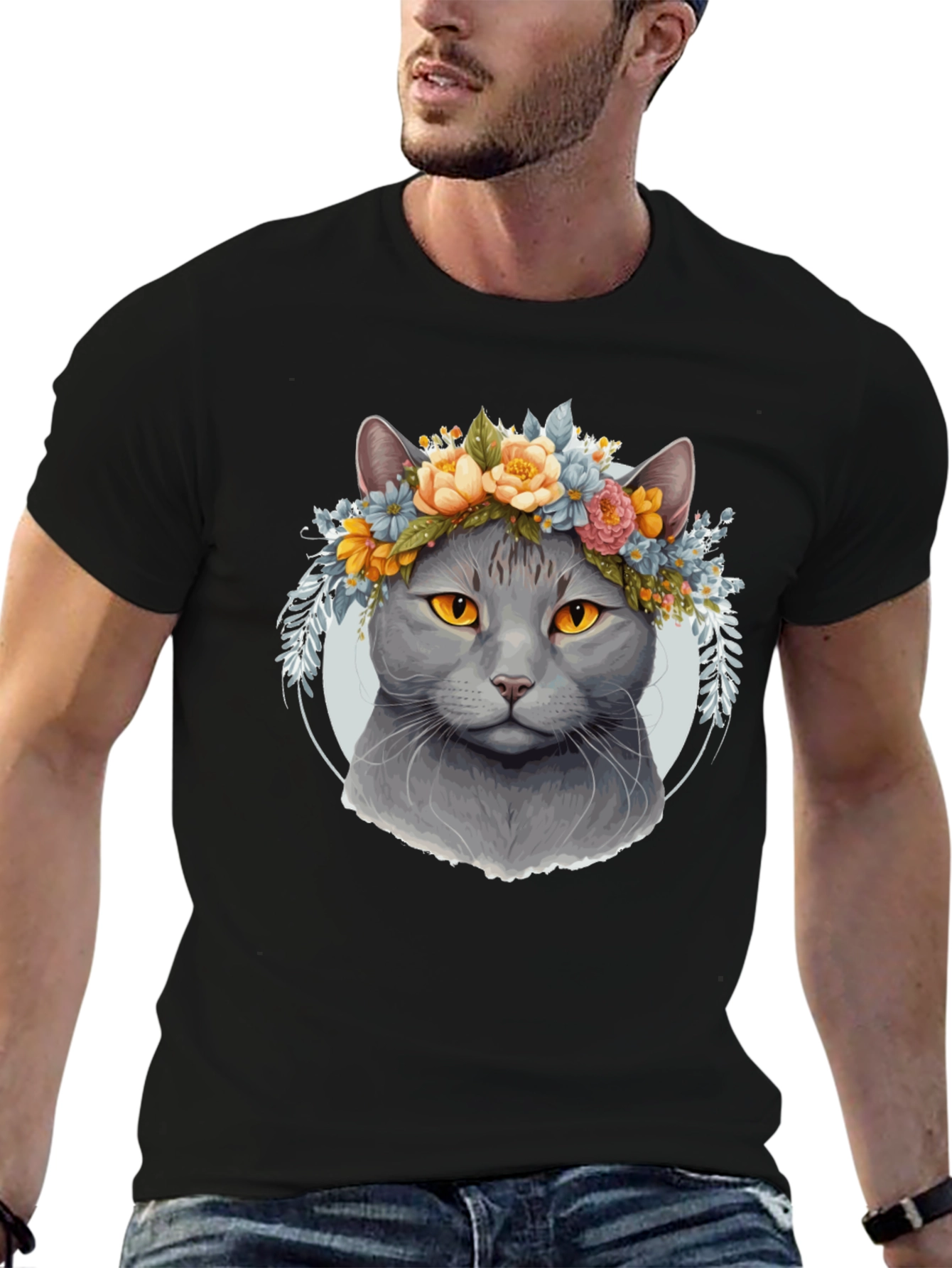 Black Cat Flower Crown Graphic Tee - Unique Style view 6