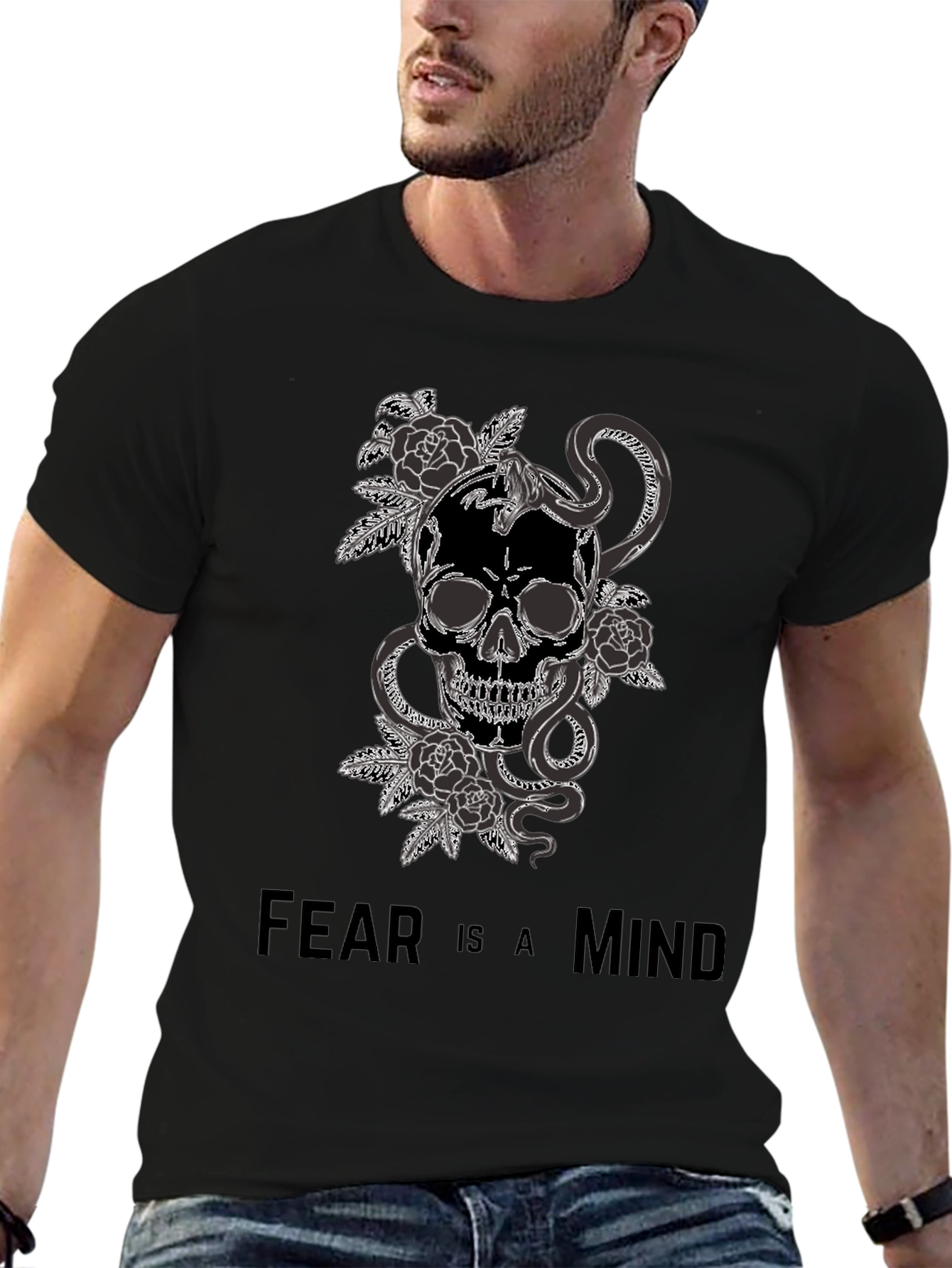Black Skull Snake and Roses Graphic T-Shirt - Fear is a Mind view 6