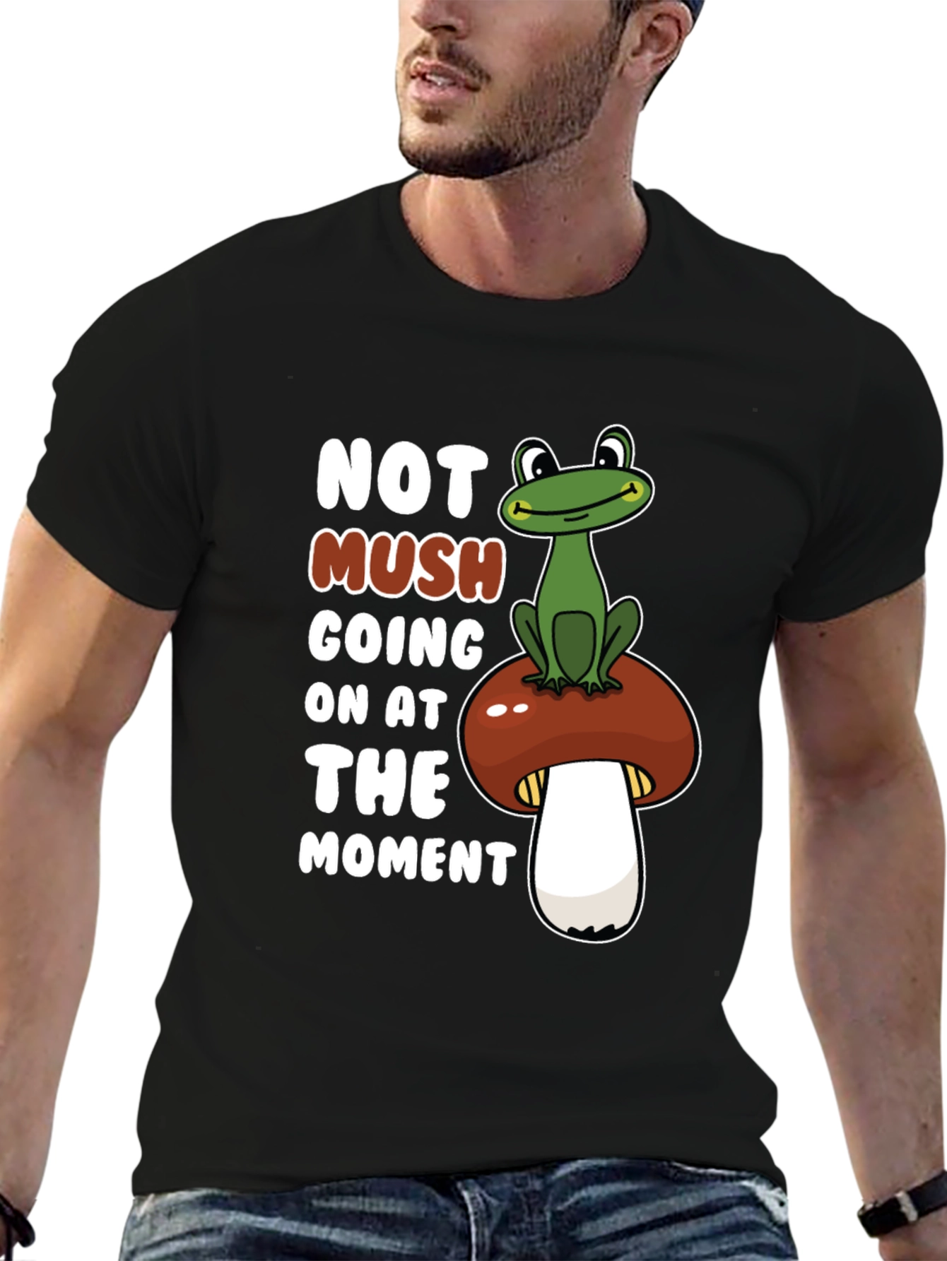 Black Funny Frog on Mushroom Graphic Tee view 6