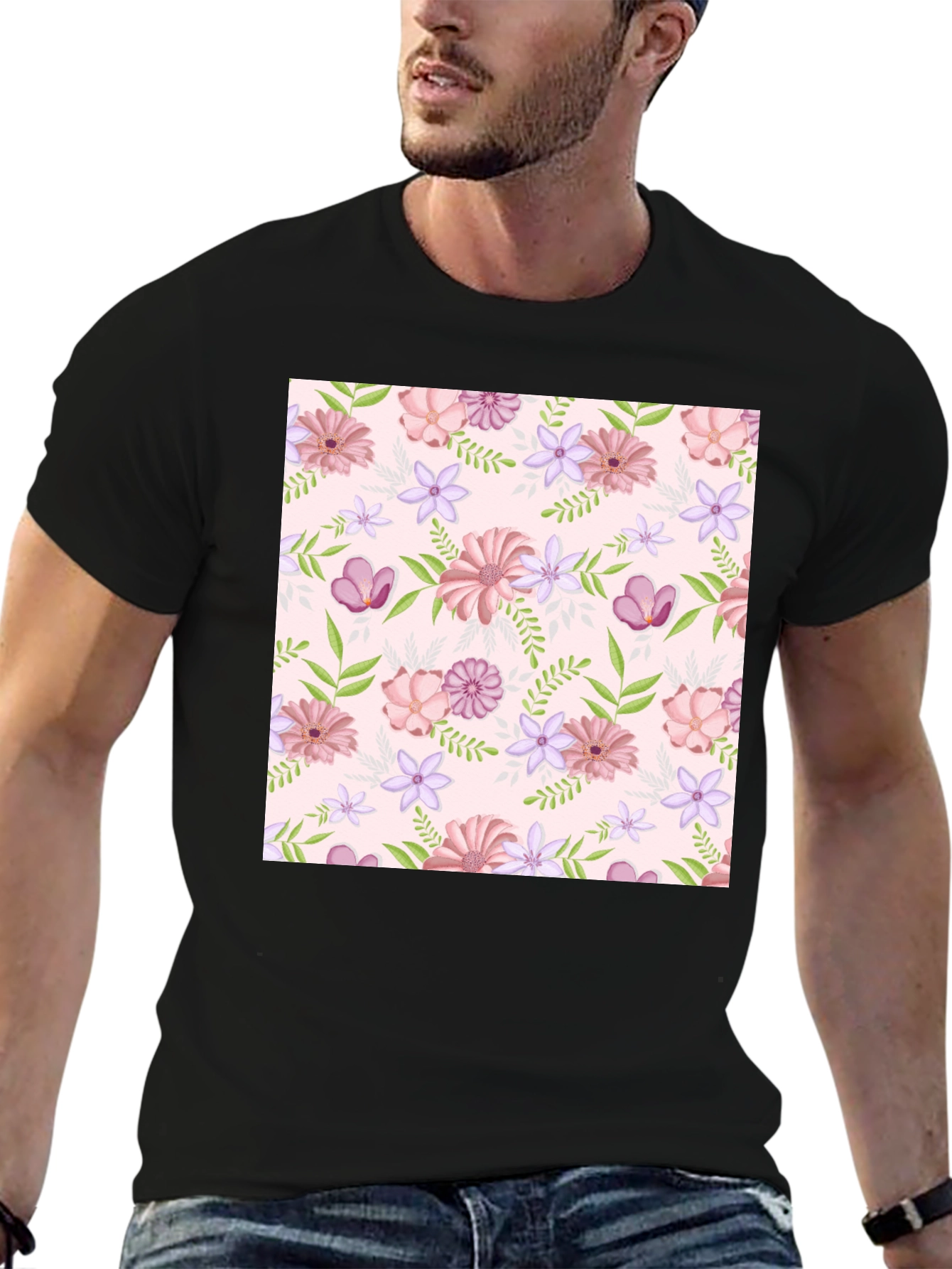 Black Floral Pattern T-Shirt - Black Casual Tee view 6