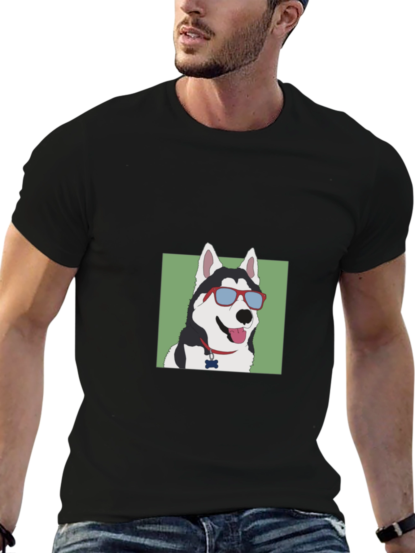 Black Cool Dog T-Shirt - Husky with Sunglasses view 6