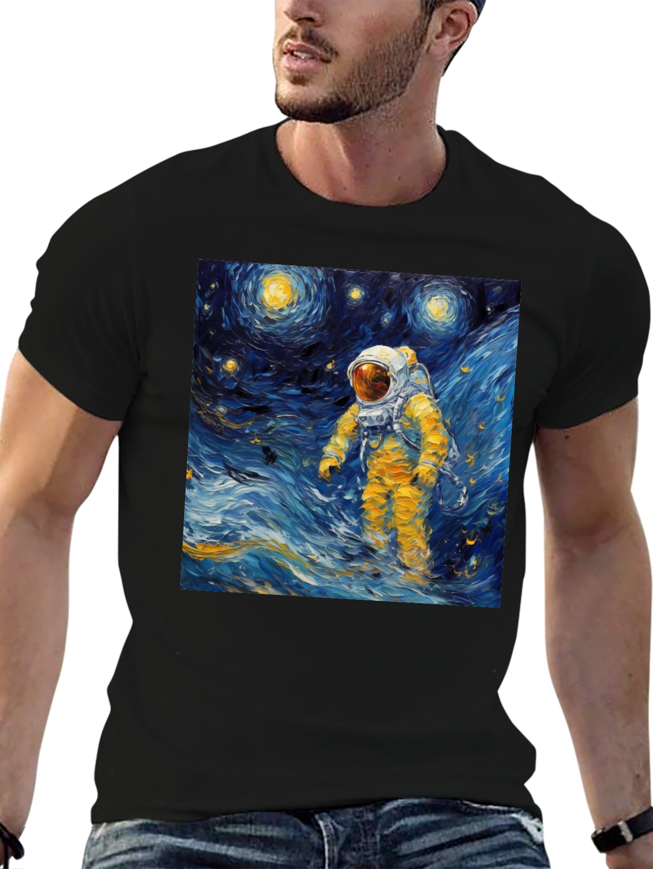 Black Starry Night Astronaut Graphic Tee view 6