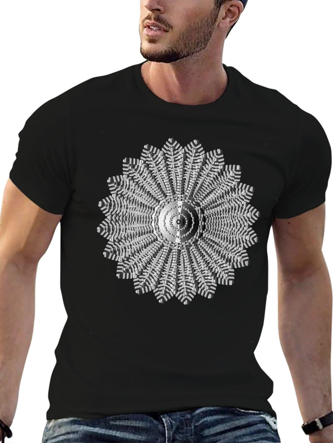 Black Abstract Radial Design Black T-Shirt view 6