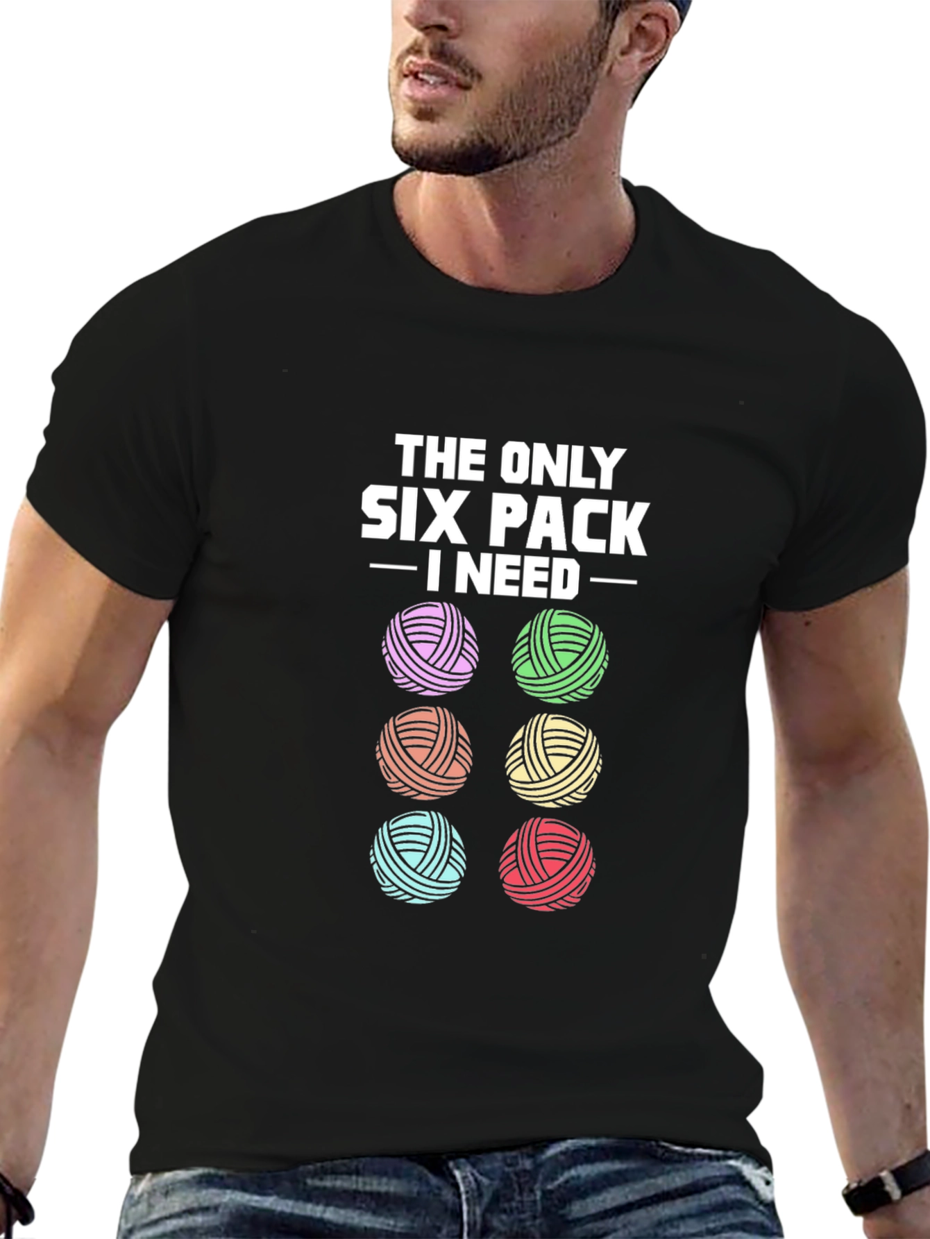 Black Knitting Yarn Lover T-Shirt: Six Pack I Need view 6