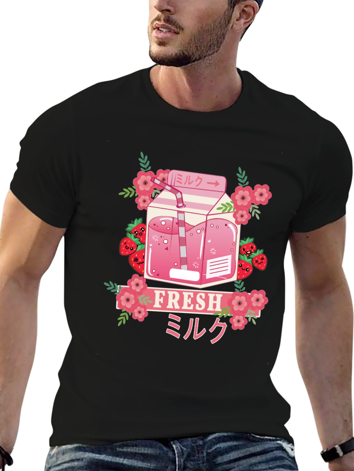 Black Strawberry Milk T-Shirt - Fresh Kawaii Design view 6