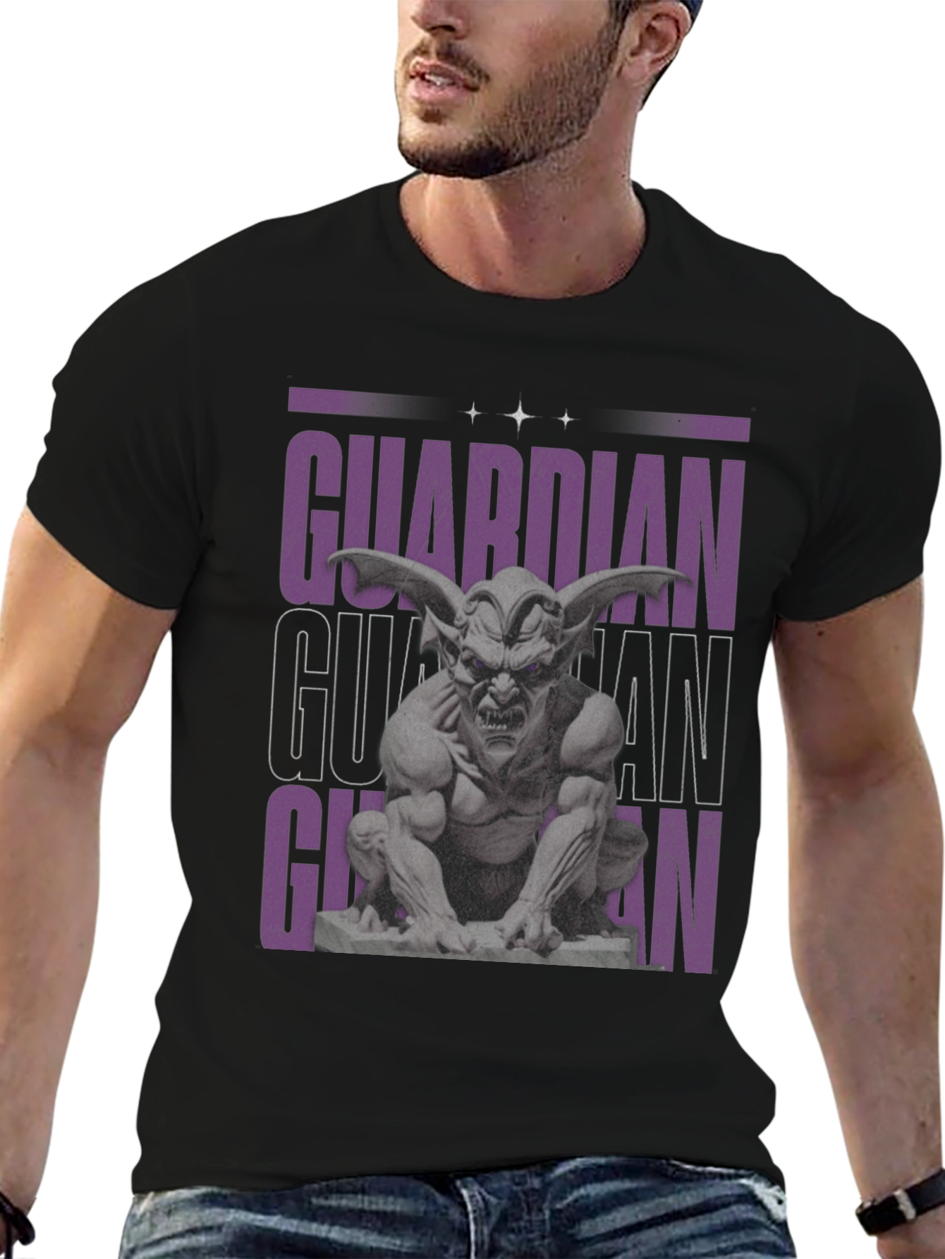 Black Guardian Gargoyle Graphic Tee - Black Cotton view 6