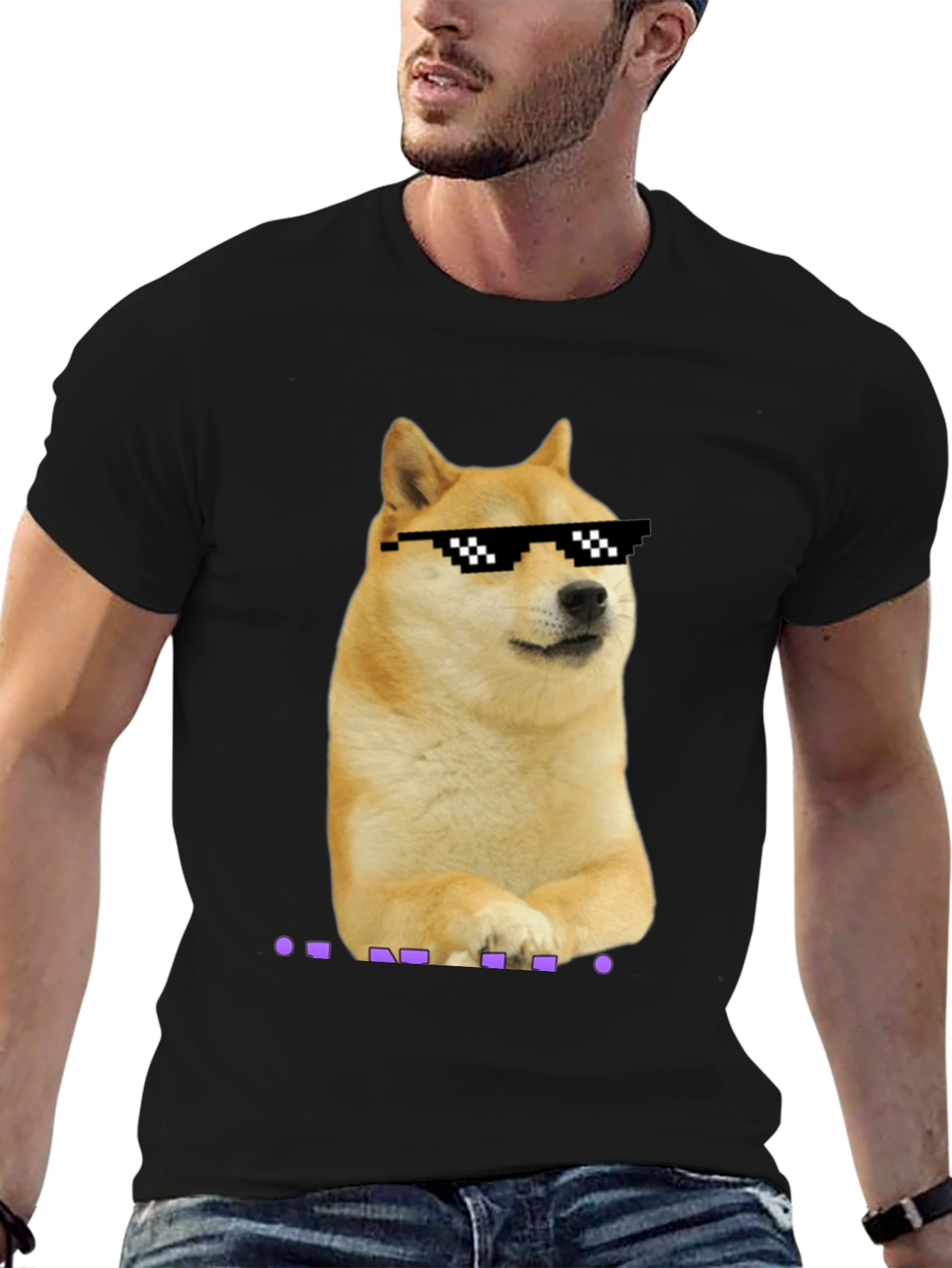Black Doge Meme Pixel Sunglasses T-Shirt - Black view 6