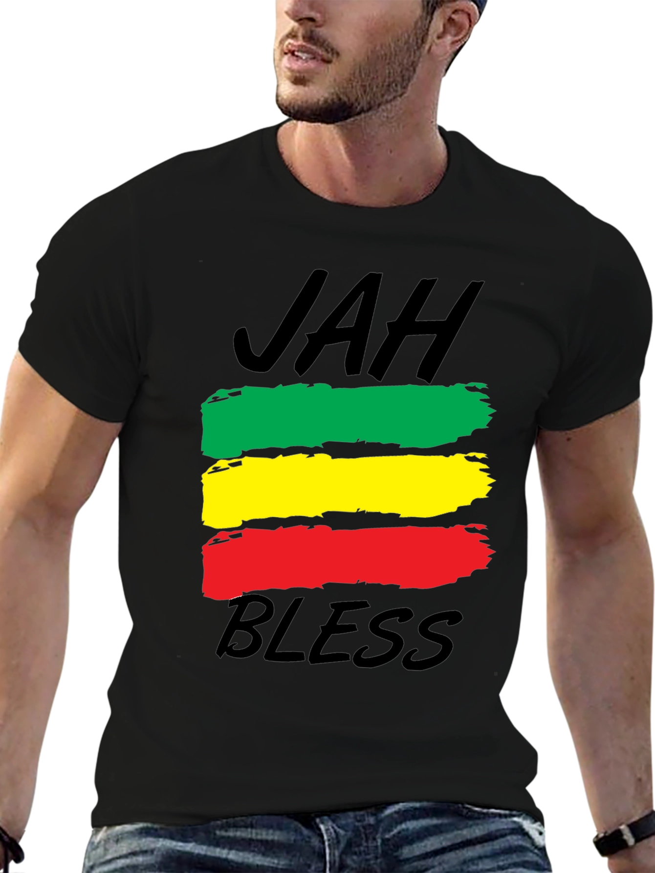 Black Rasta Reggae Jah Bless T-Shirt - Black view 6