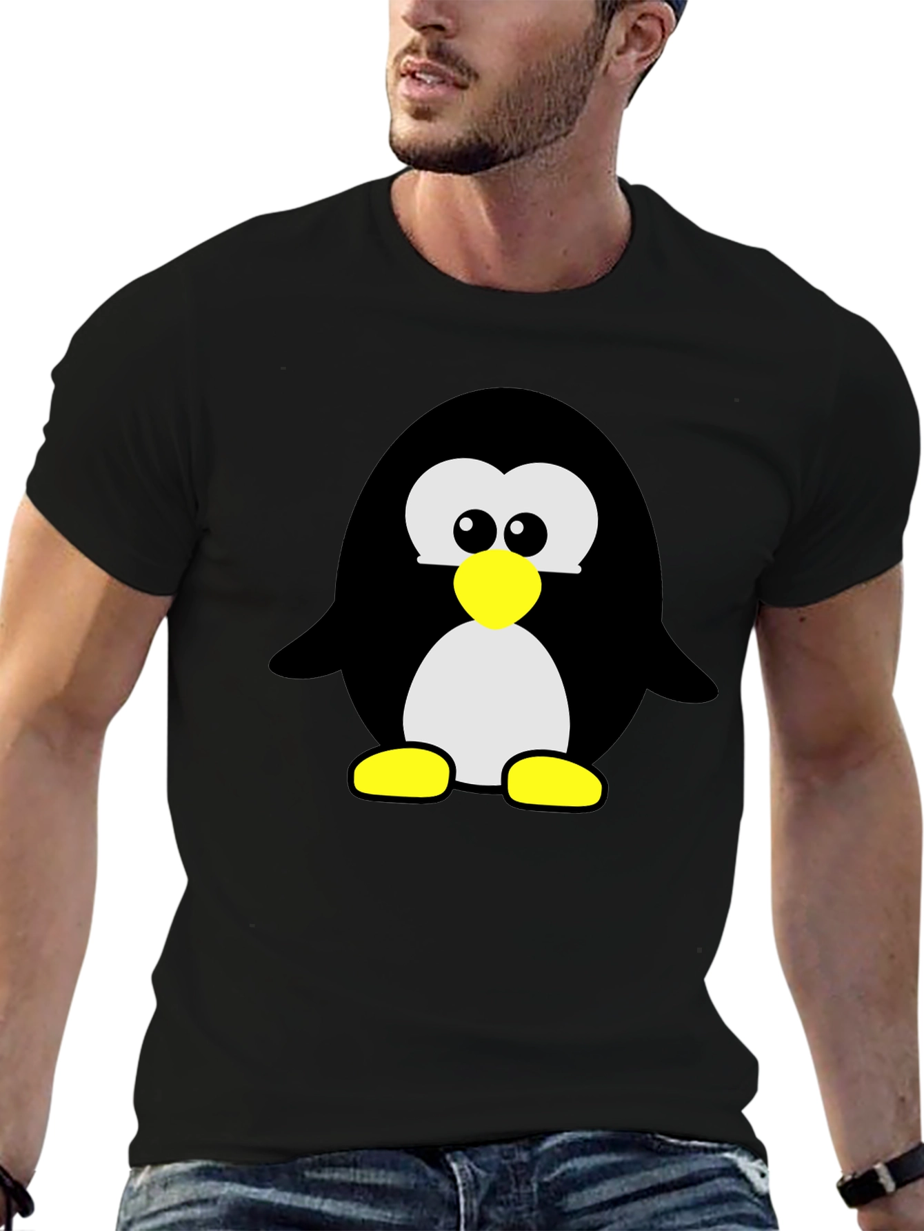 Black Cartoon Penguin Graphic Print T-Shirt - Black view 6