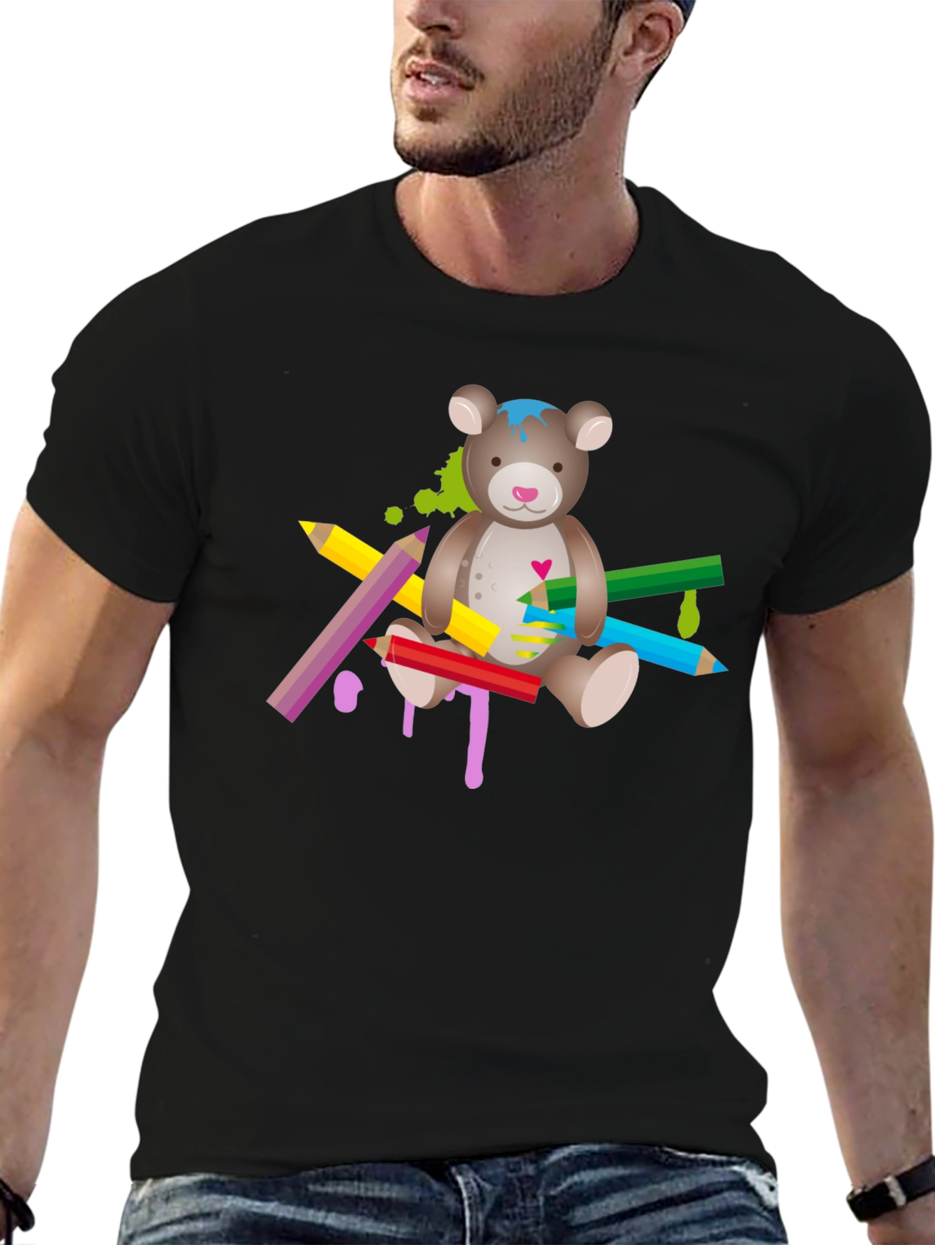 Black Cute Teddy Bear & Colorful Pencils Graphic T-Shirt - Unisex view 6