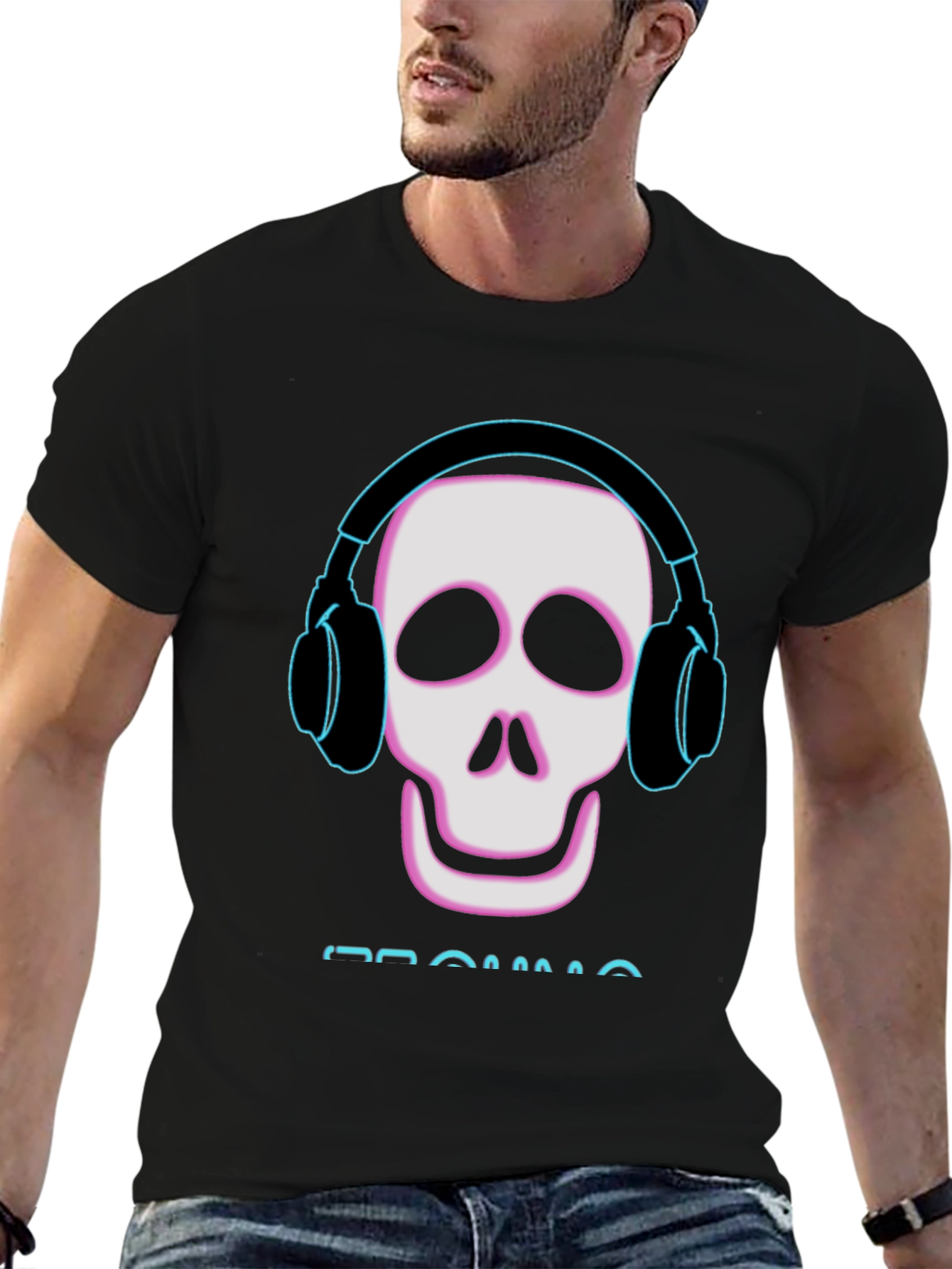 Black Skull with Headphones Black T-Shirt view 6