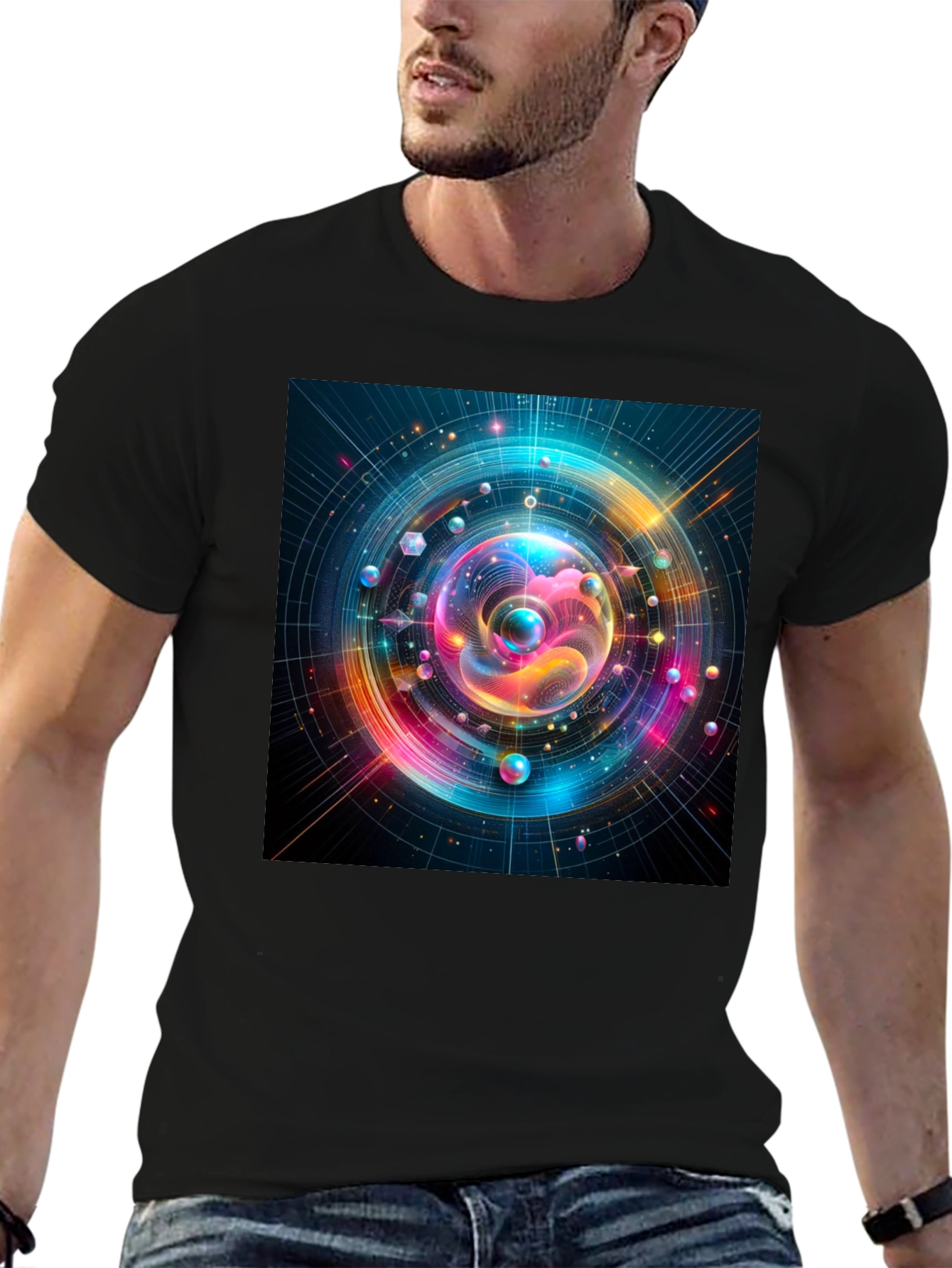 Black Colorful Space T-Shirt - Unique Design view 6