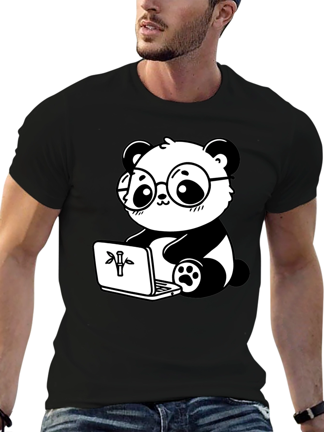 Black Cute Panda Laptop Graphic T-Shirt view 6