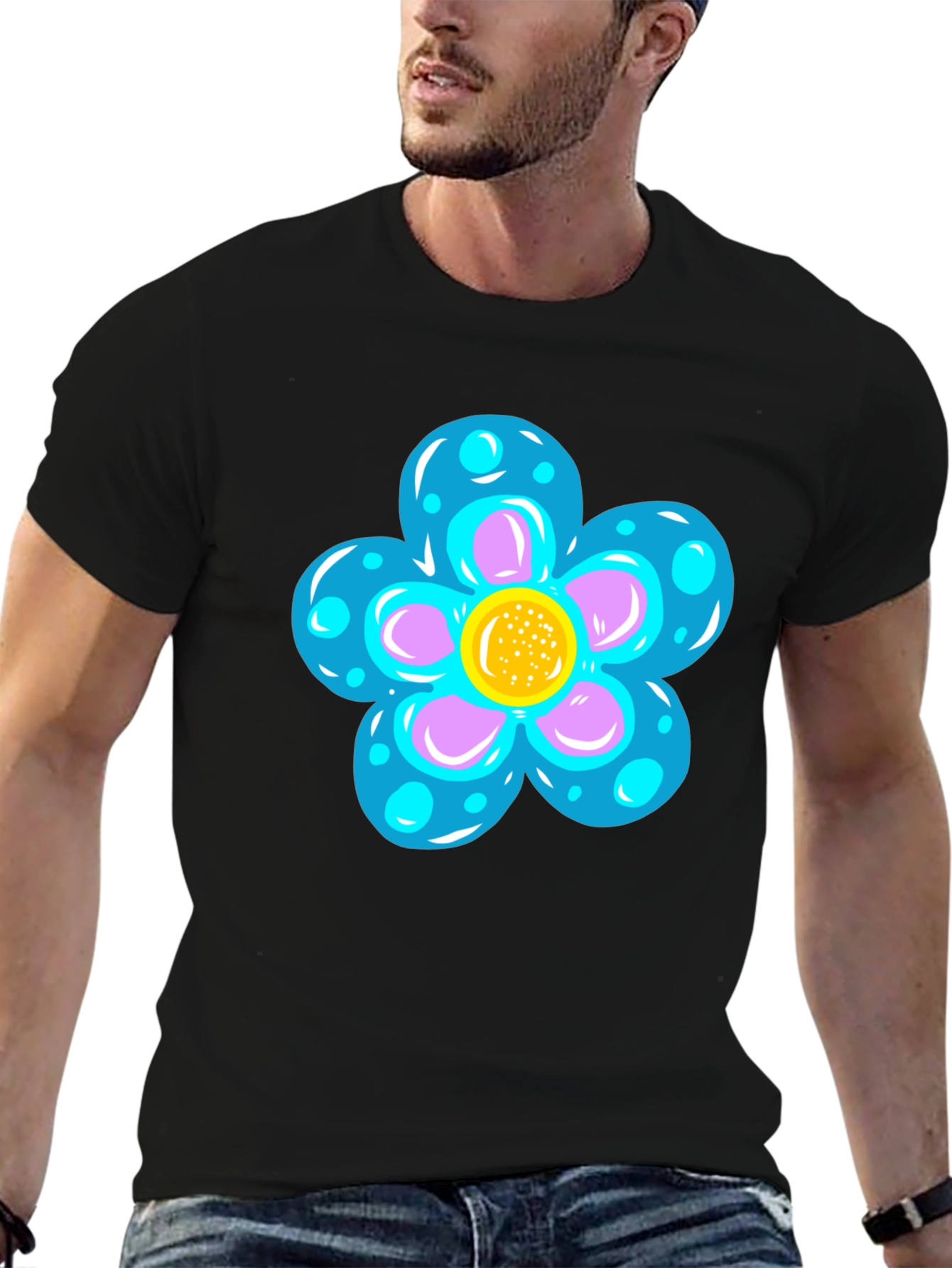 Black Funky Flower Graphic Black T-Shirt view 6
