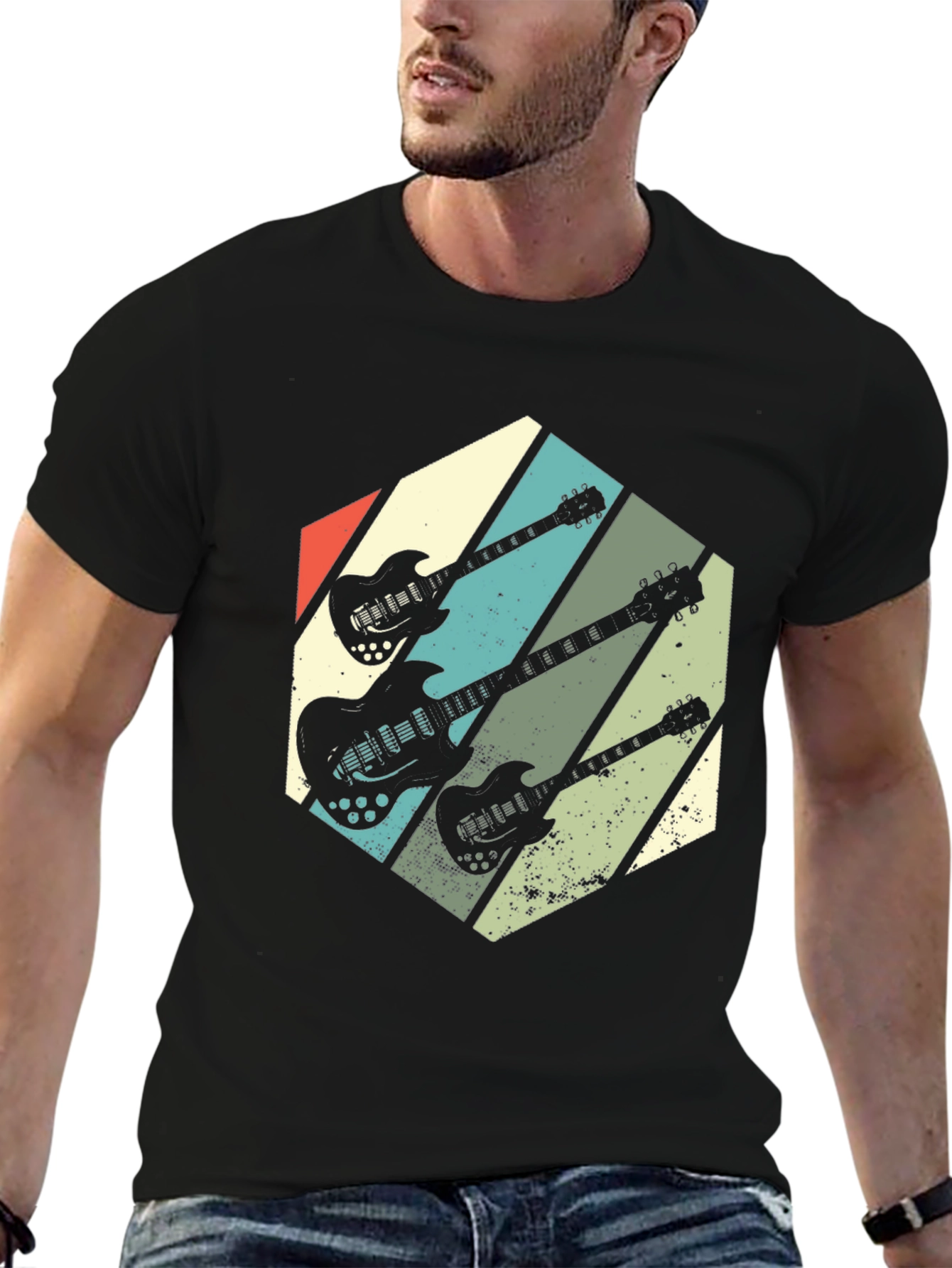 Black Retro Guitar Graphic T-Shirt - Vintage Rock Style view 6