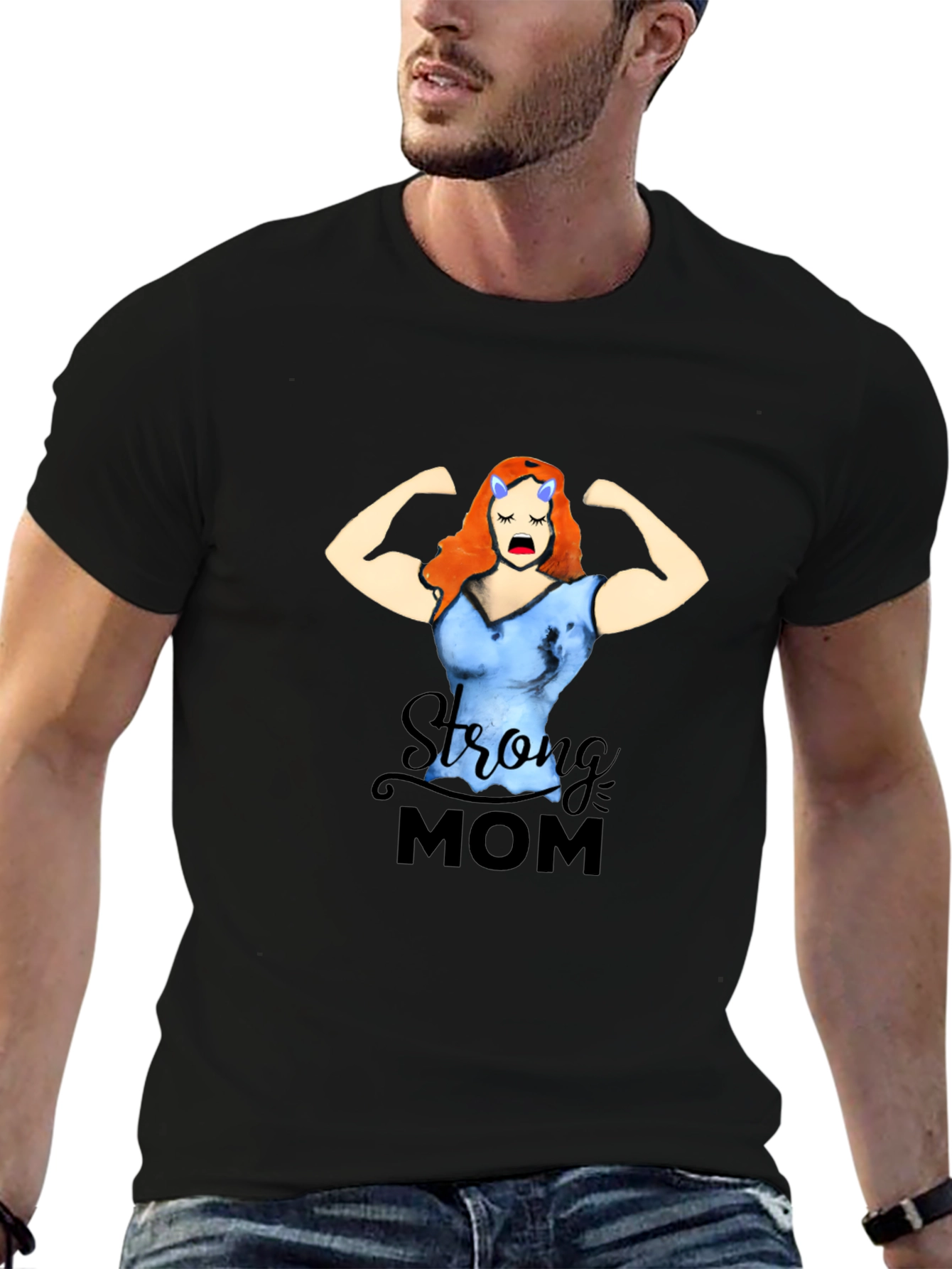 Black Strong Mom Graphic Tee - Black Cotton Blend T-Shirt view 6