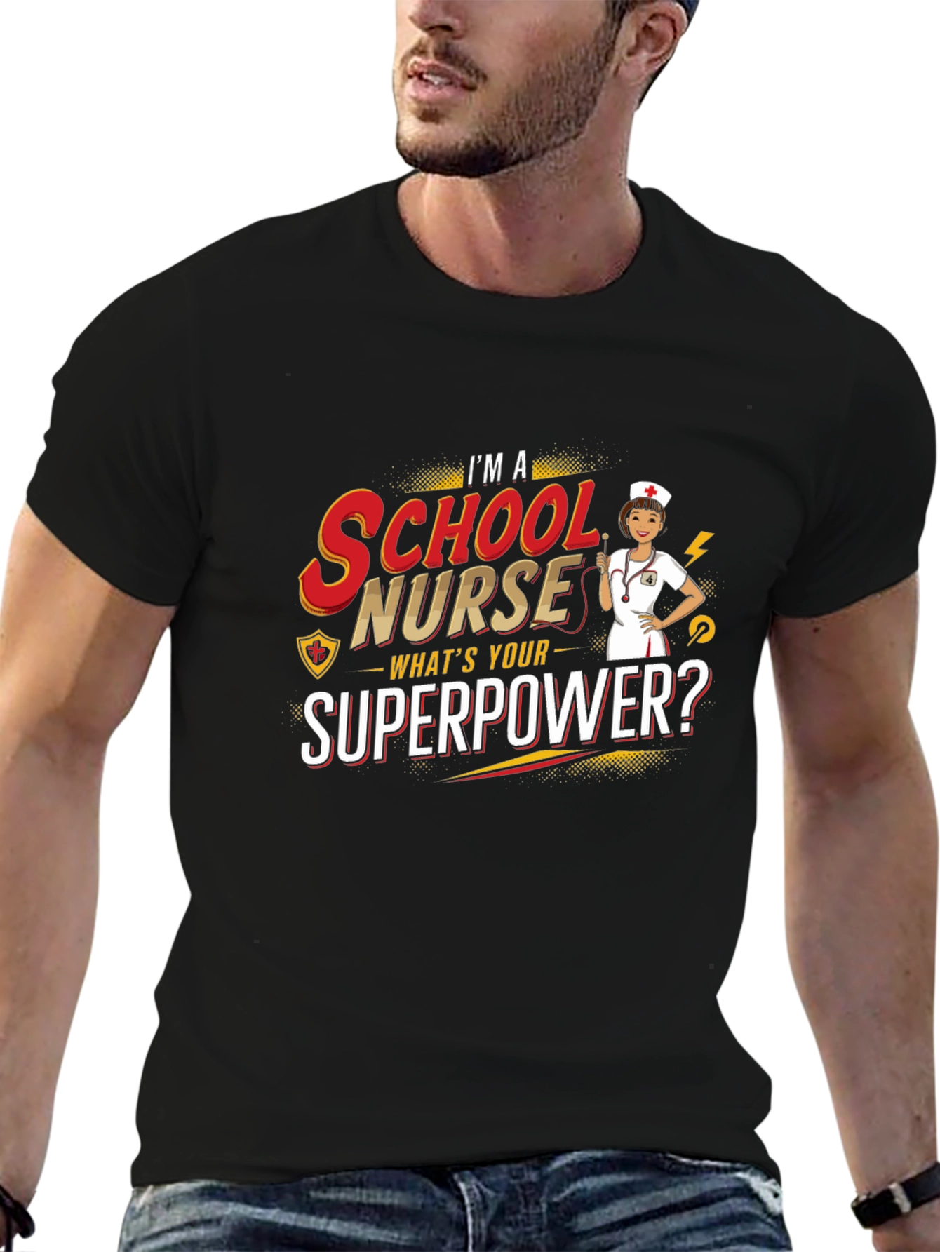 Black School Nurse Superpower T-Shirt view 6