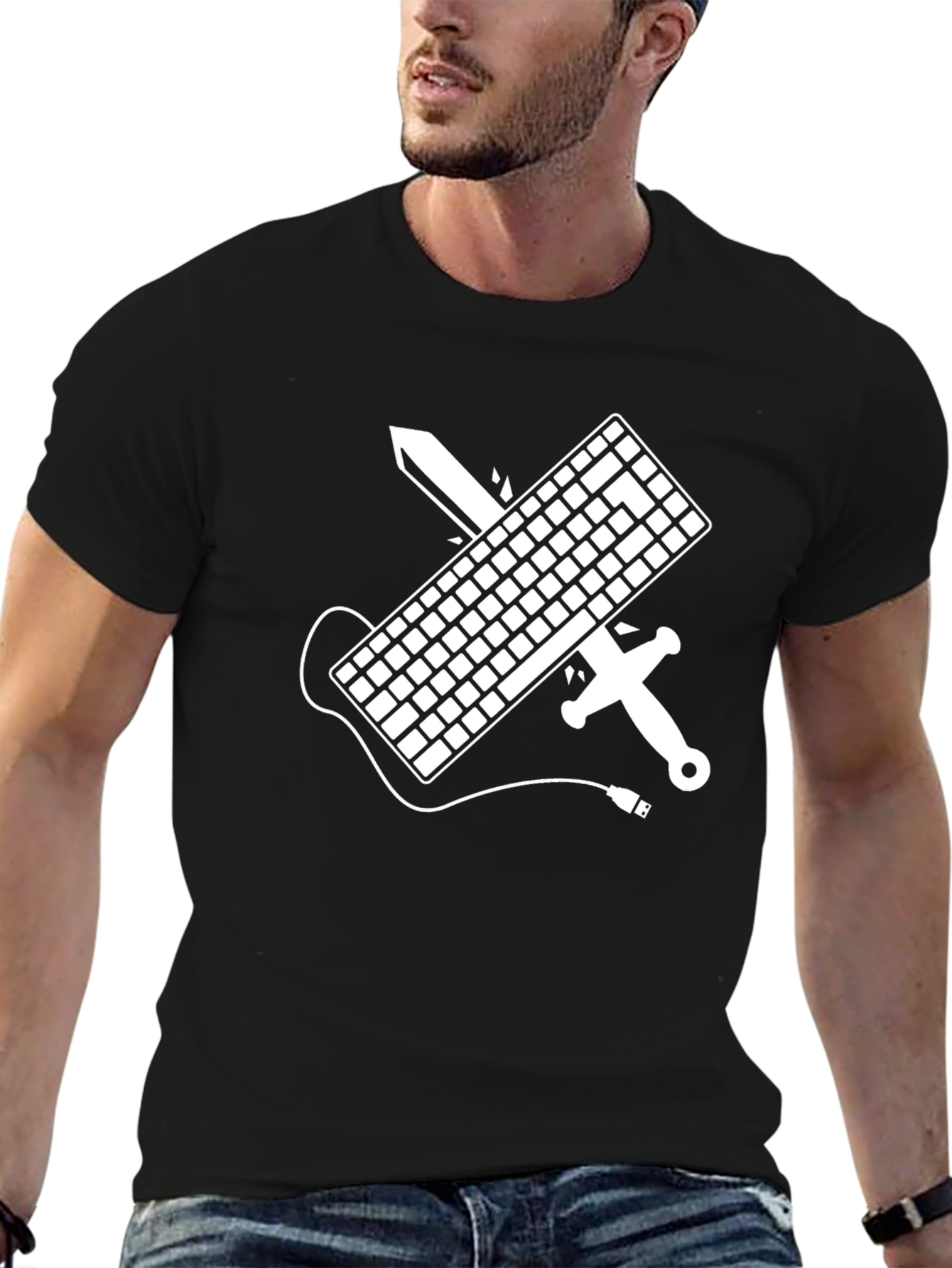 Black Keyboard Warrior T-Shirt - Gamer Sword Design view 6