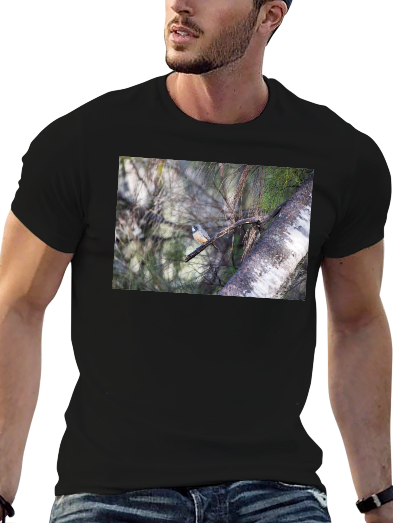 Black Bird on Branch Black T-Shirt view 6