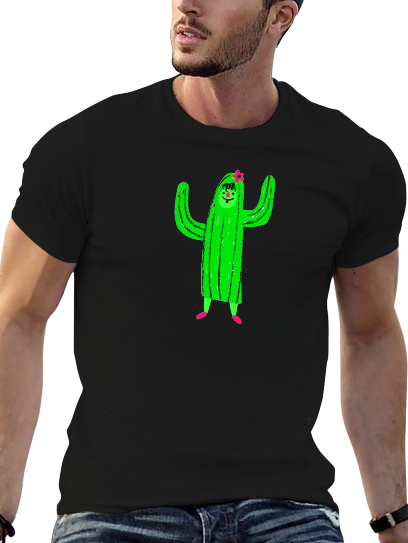 Black Cactus Character Graphic Black T-Shirt view 6