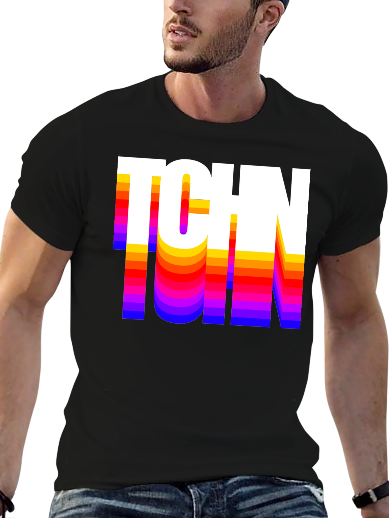 Black Retro TCHN Graphic Tee - Stylish Crew Neck T-Shirt view 6