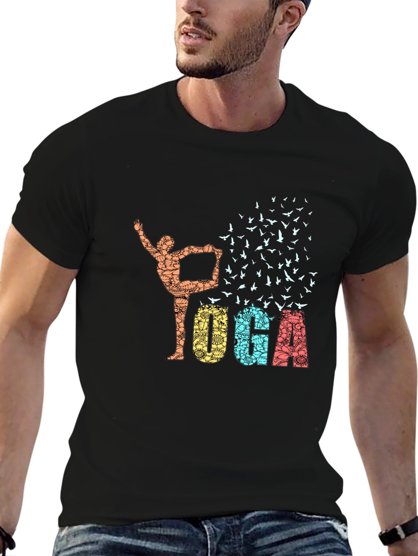 Black Yoga Pose & Birds Graphic Print Black T-Shirt view 6
